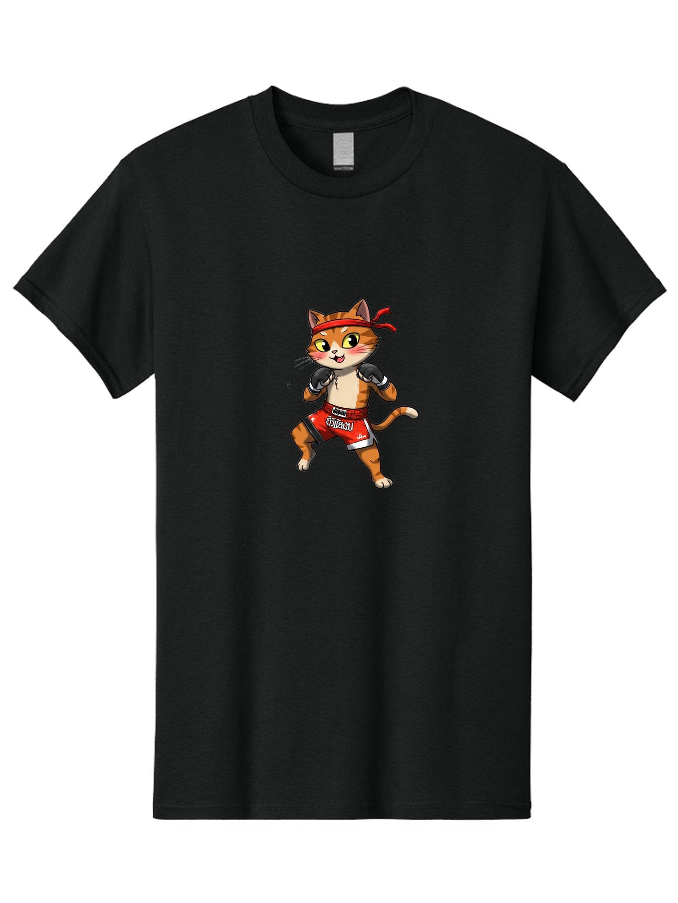 Muay-Thai-Cat-1 Men'S Graphic Tee, 100% Cotton, Comfortable Casual Summer Wear, Machine Washable, Cartoon Cat, Muay Thai Fighter, Boxing Gloves, Red Shorts, Muaythai, Martial Arts, Fighting Stance, Cute Cat, Funny Animal, Cartoon Character Bae548 5