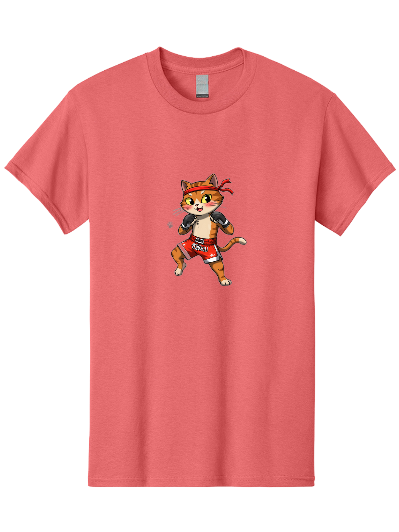 Muay-Thai-Cat-1 Men'S Graphic Tee, 100% Cotton, Comfortable Casual Summer Wear, Machine Washable, Cartoon Cat, Muay Thai Fighter, Boxing Gloves, Red Shorts, Muaythai, Martial Arts, Fighting Stance, Cute Cat, Funny Animal, Cartoon Character Bae548 10