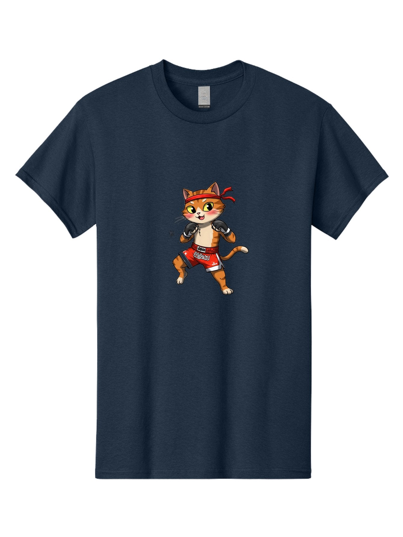 Muay-Thai-Cat-1 Men'S Graphic Tee, 100% Cotton, Comfortable Casual Summer Wear, Machine Washable, Cartoon Cat, Muay Thai Fighter, Boxing Gloves, Red Shorts, Muaythai, Martial Arts, Fighting Stance, Cute Cat, Funny Animal, Cartoon Character Bae548 4