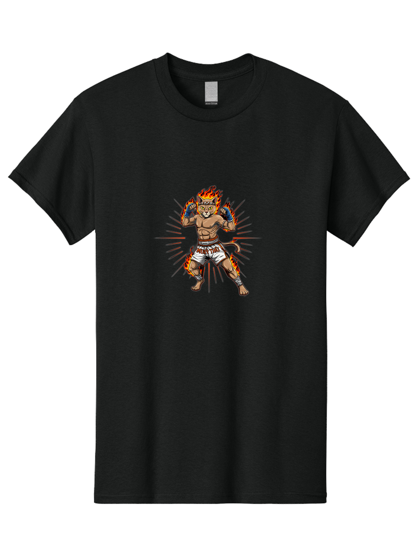 Muay-Thai-Cat-11 Men'S Graphic Tee, 100% Cotton, Comfortable Casual Summer Wear, Machine Washable, Cartoon Cat, Muay Thai Fighter, Boxing Gloves, Fighting Stance, Flames, Action Lines, Cartoon Character, Muscular Physique, Sports Illustration, Bae550