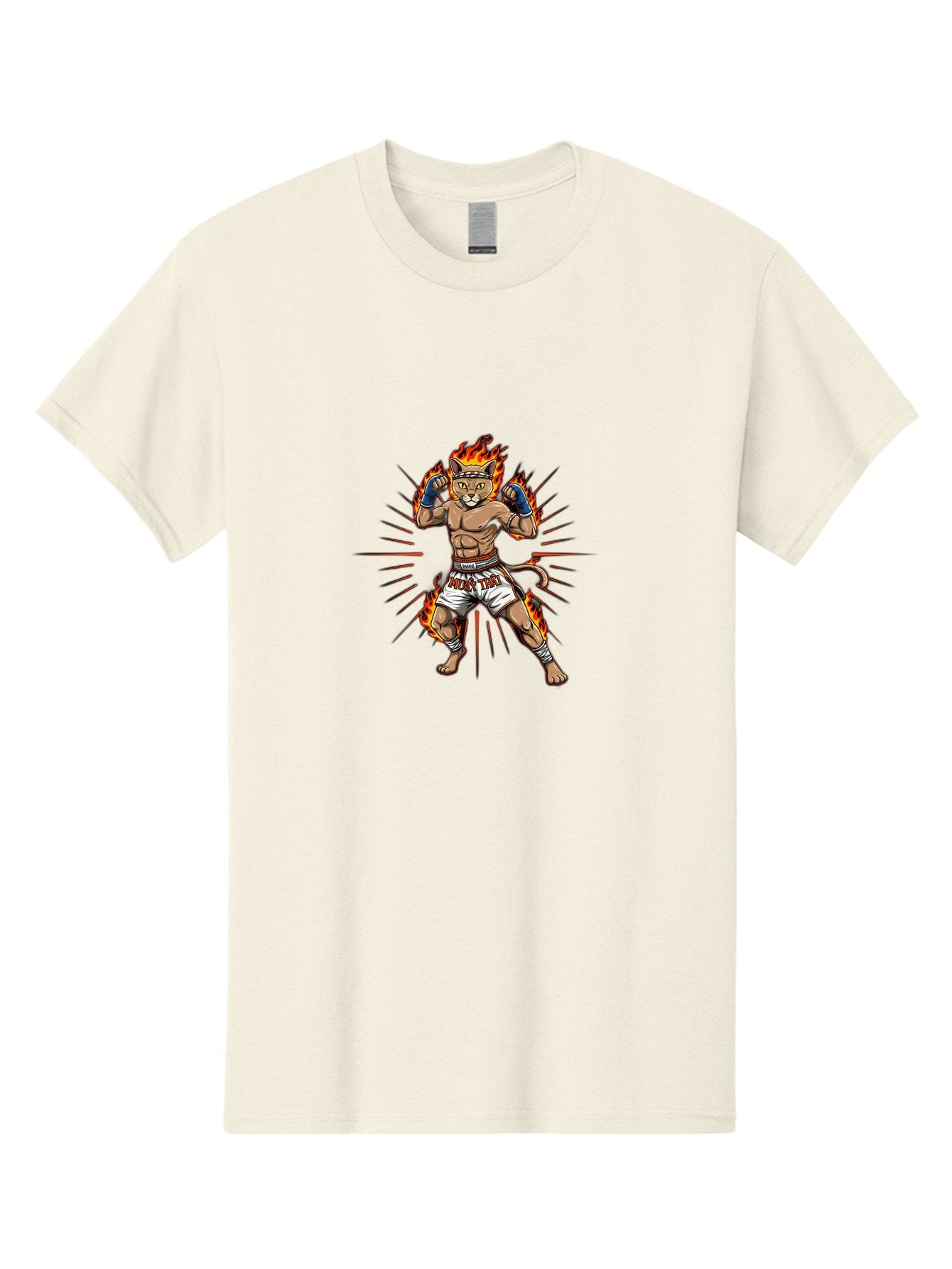 Muay-Thai-Cat-11 Men'S Graphic Tee, 100% Cotton, Comfortable Casual Summer Wear, Machine Washable, Cartoon Cat, Muay Thai Fighter, Boxing Gloves, Fighting Stance, Flames, Action Lines, Cartoon Character, Muscular Physique, Sports Illustration, Bae550 6