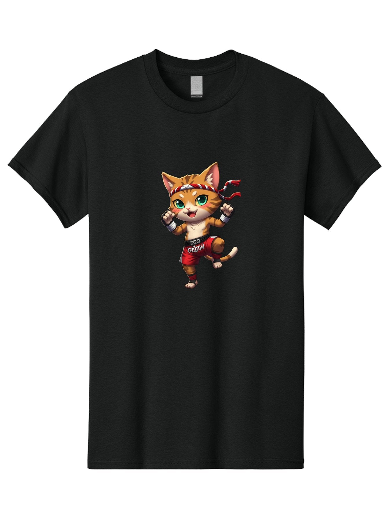 Muay-Thai-Cat-2 Men'S Graphic Tee, 100% Cotton, Comfortable Casual Summer Wear, Machine Washable, Cartoon Cat, Martial Arts, Fighting Stance, Red Shorts, Headband, White Wraps, Cartoon Character, Muay Thai, Red Power, Thai Boxing Bae551 11
