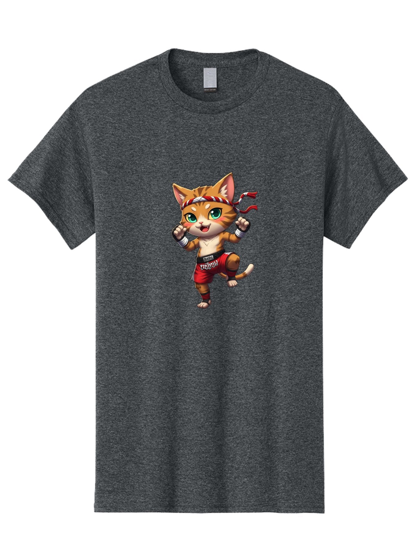 Muay-Thai-Cat-2 Men'S Graphic Tee, 100% Cotton, Comfortable Casual Summer Wear, Machine Washable, Cartoon Cat, Martial Arts, Fighting Stance, Red Shorts, Headband, White Wraps, Cartoon Character, Muay Thai, Red Power, Thai Boxing Bae551 6