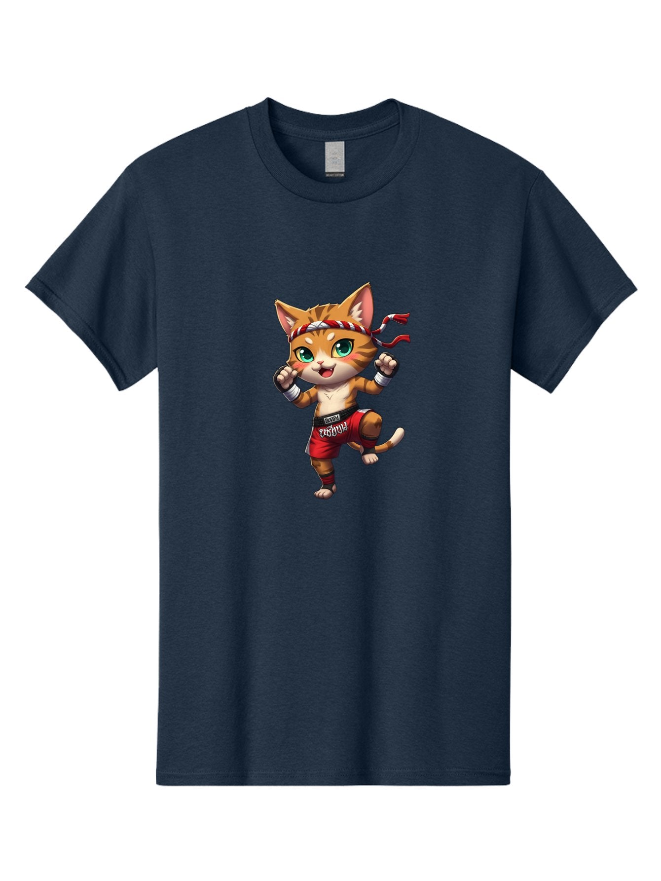 Muay-Thai-Cat-2 Men'S Graphic Tee, 100% Cotton, Comfortable Casual Summer Wear, Machine Washable, Cartoon Cat, Martial Arts, Fighting Stance, Red Shorts, Headband, White Wraps, Cartoon Character, Muay Thai, Red Power, Thai Boxing Bae551 12