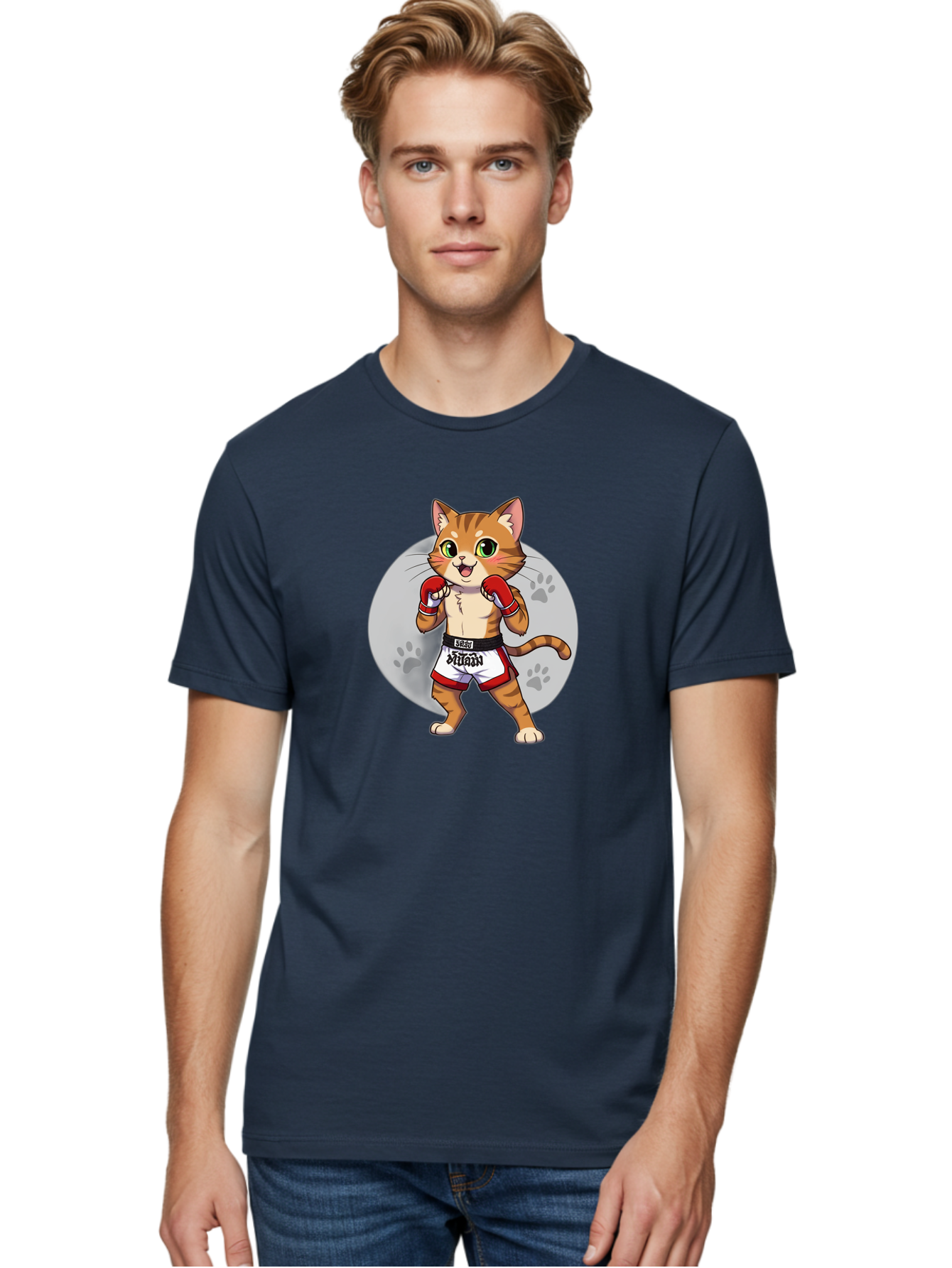 Muay-Thai-Cat-3 Men'S Graphic Tee, 100% Cotton, Comfortable Casual Summer Wear, Machine Washable, Cartoon Cat, Muay Thai Fighter, Boxing Gloves, Martial Arts, Animal Athlete, Boxing Shorts, Muay, Kitty, Fighting Cat, Boxing Cat, Muay Thai Cat Bae552 25