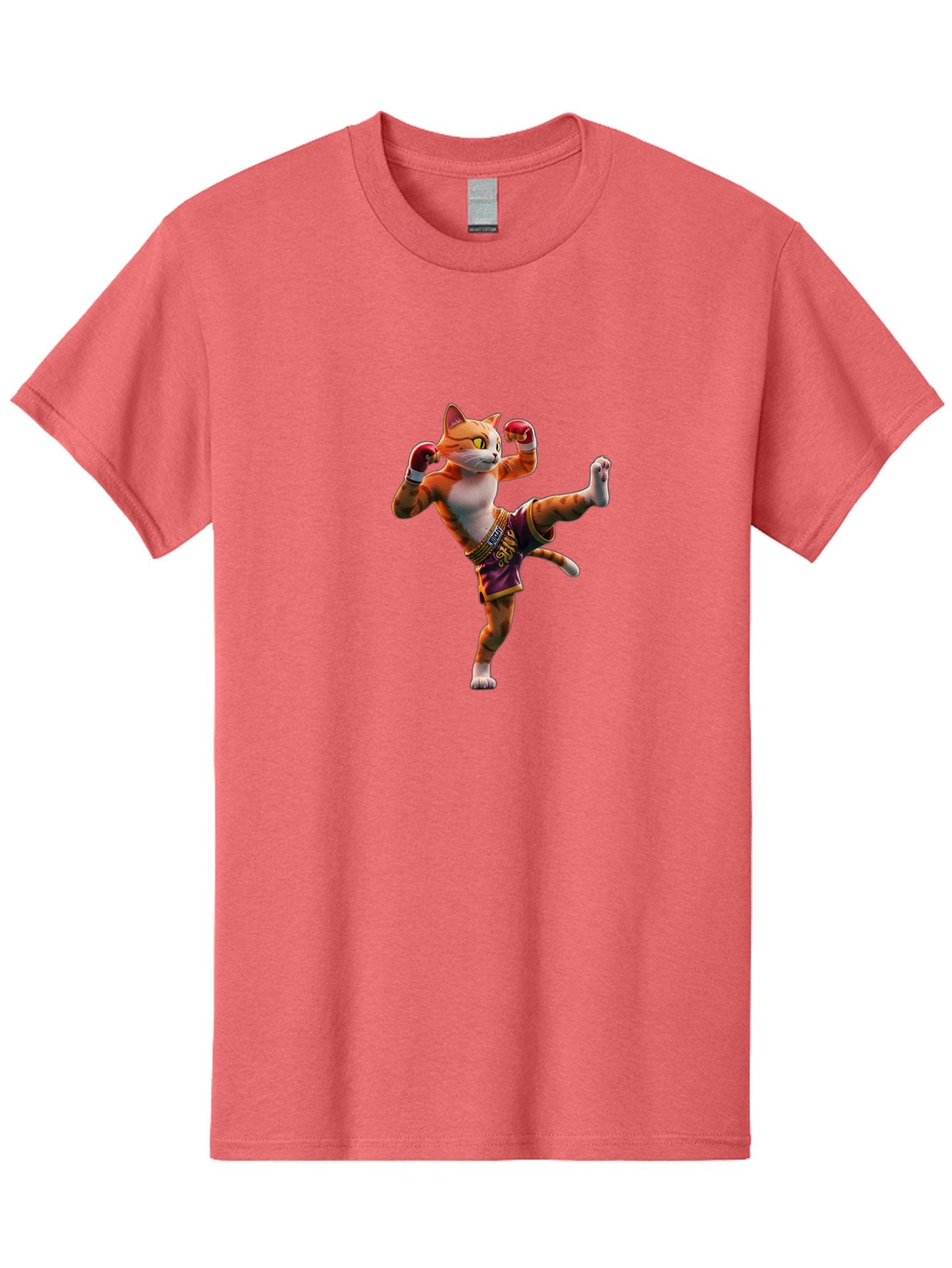 Muay-Thai-Cat-4 Men'S Graphic Tee, 100% Cotton, Comfortable Casual Summer Wear, Machine Washable, Cartoon Cat, Muay Thai Fighter, Martial Arts, Boxing Gloves, Fighting Stance, Dynamic Pose, Orange Tabby Cat, Whimsical Character, Combat Sports, Bae553 3