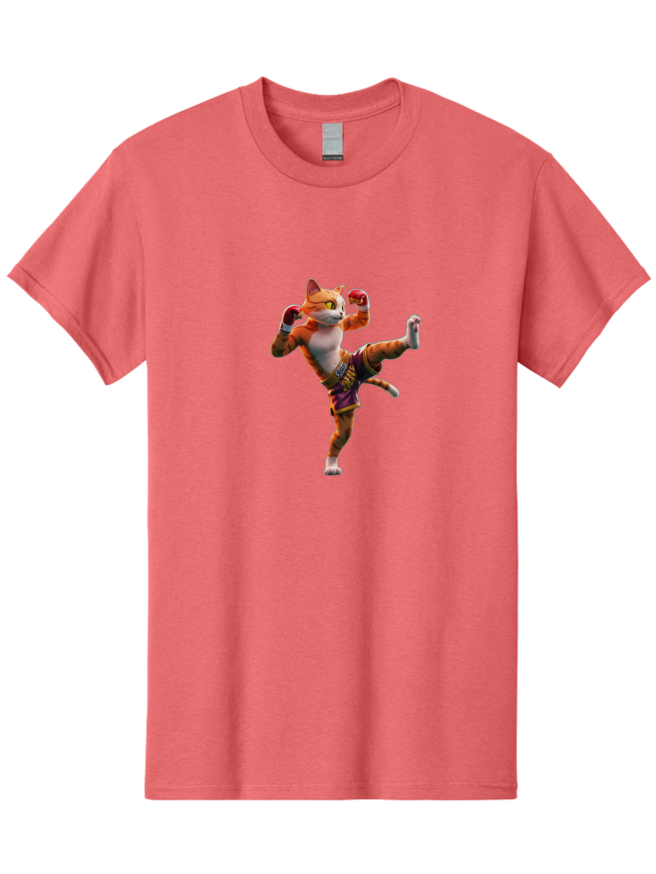 Muay-Thai-Cat-4 Men'S Graphic Tee, 100% Cotton, Comfortable Casual Summer Wear, Machine Washable, Cartoon Cat, Muay Thai Fighter, Martial Arts, Boxing Gloves, Fighting Stance, Dynamic Pose, Orange Tabby Cat, Whimsical Character, Combat Sports, Bae553 9