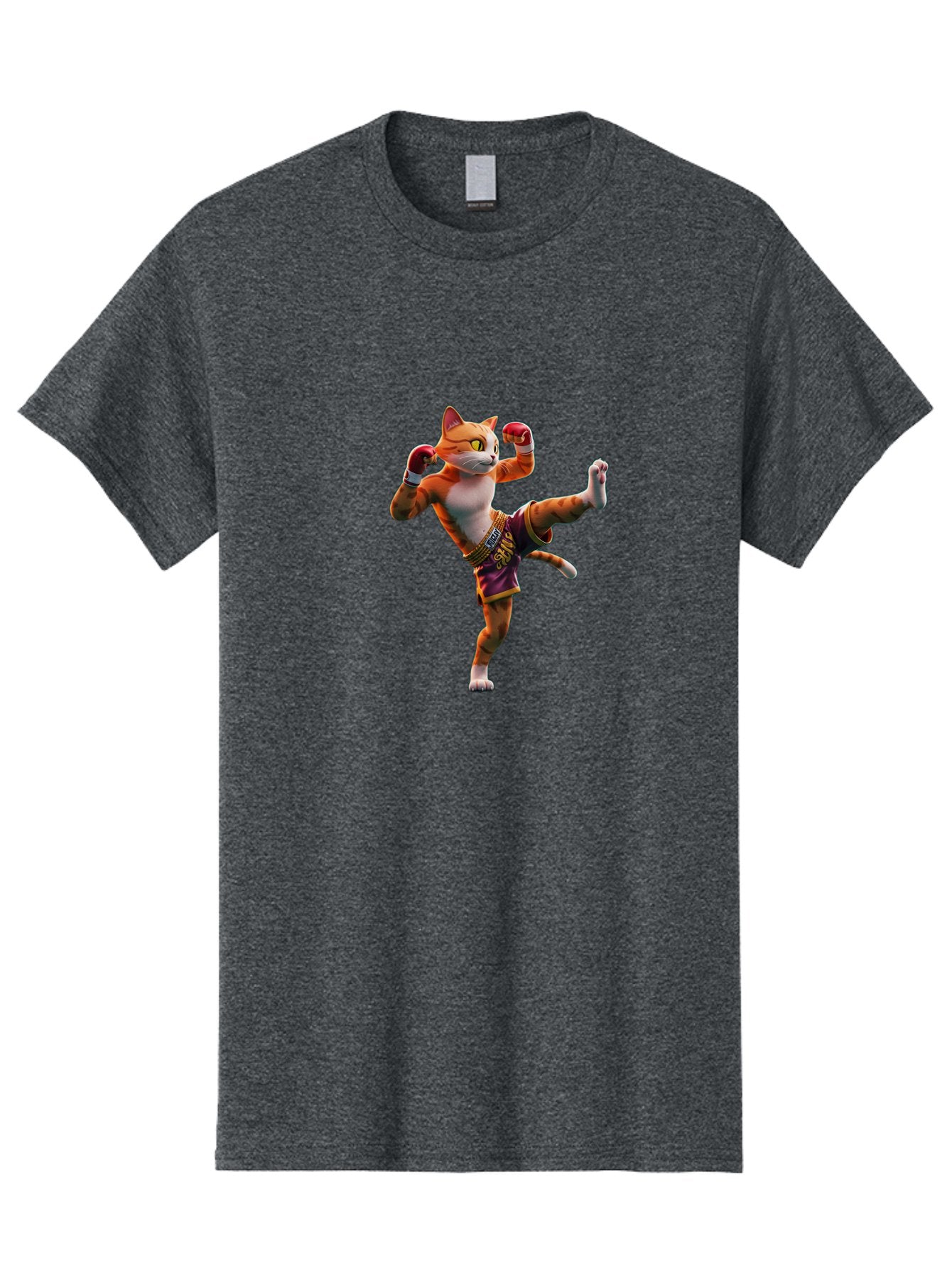 Muay-Thai-Cat-4 Men'S Graphic Tee, 100% Cotton, Comfortable Casual Summer Wear, Machine Washable, Cartoon Cat, Muay Thai Fighter, Martial Arts, Boxing Gloves, Fighting Stance, Dynamic Pose, Orange Tabby Cat, Whimsical Character, Combat Sports, Bae553 14