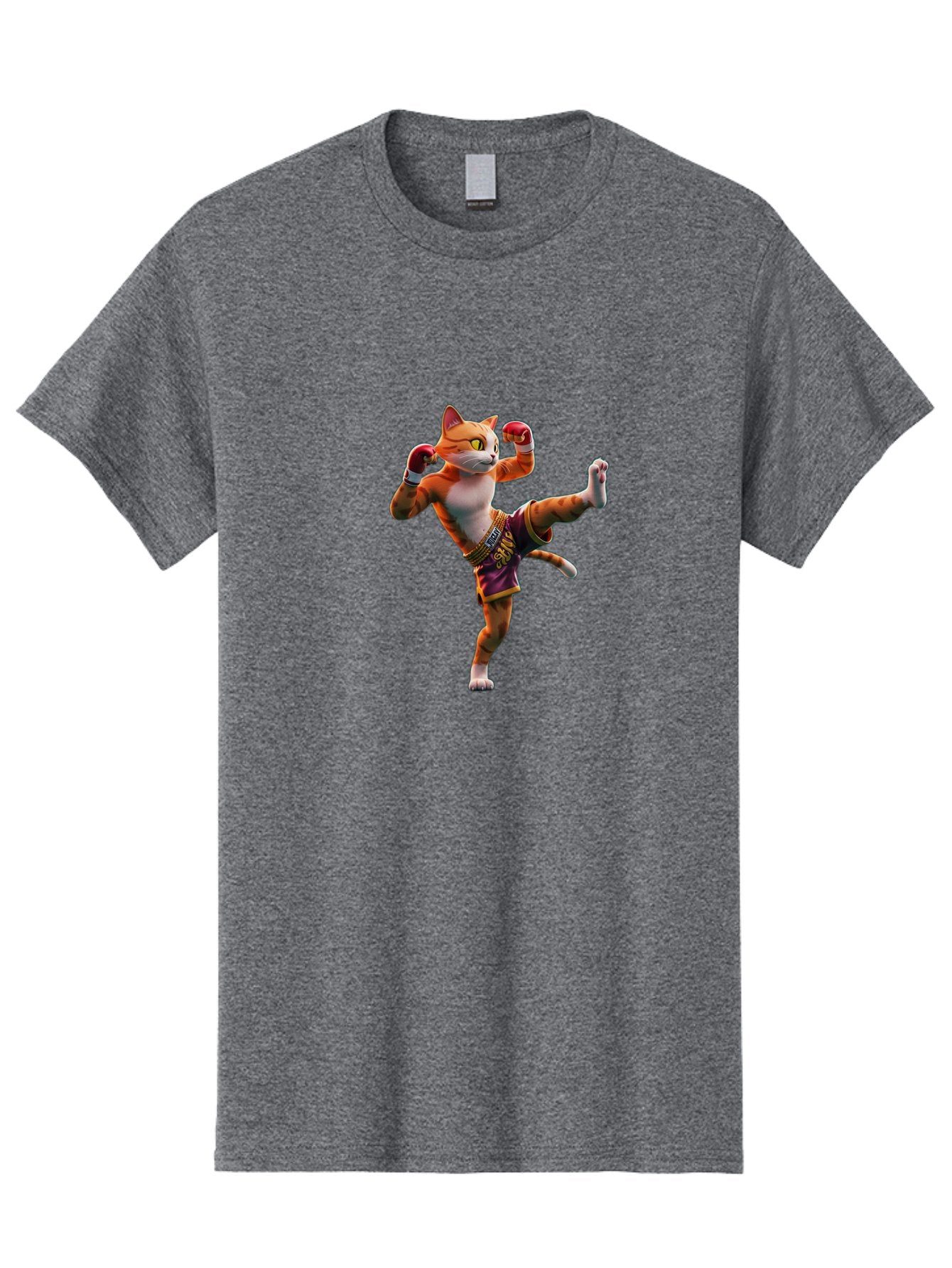 Muay-Thai-Cat-4 Men'S Graphic Tee, 100% Cotton, Comfortable Casual Summer Wear, Machine Washable, Cartoon Cat, Muay Thai Fighter, Martial Arts, Boxing Gloves, Fighting Stance, Dynamic Pose, Orange Tabby Cat, Whimsical Character, Combat Sports, Bae553 13