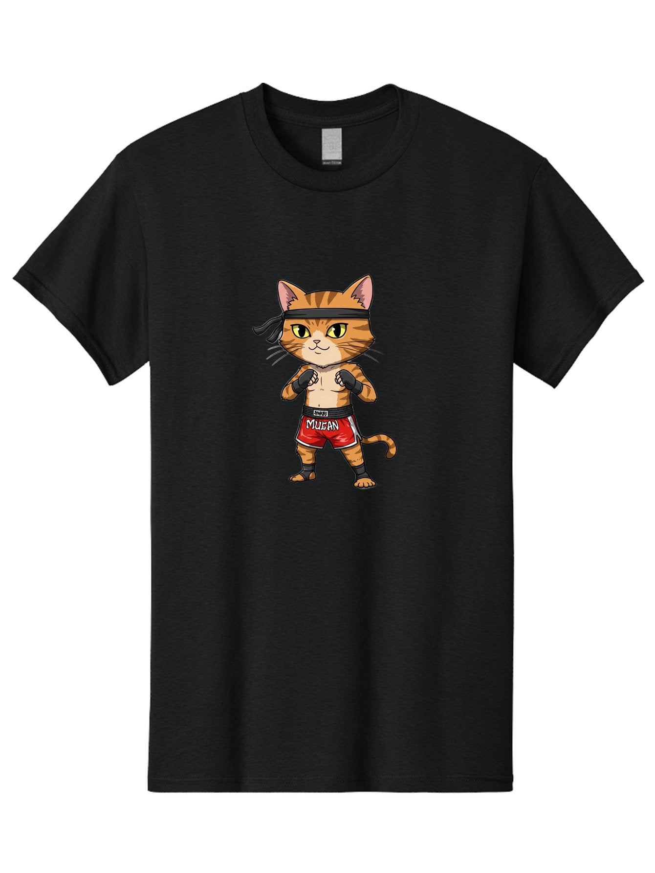 Muay-Thai-Cat-6 Men'S Graphic Tee, 100% Cotton, Comfortable Casual Summer Wear, Machine Washable, Cartoon Cat, Muay Thai Fighter, Red Shorts, Black Headband, Boxing Gloves, Combat Sports, Martial Arts, Cute Animal, Fighting Stance, Bae555 8