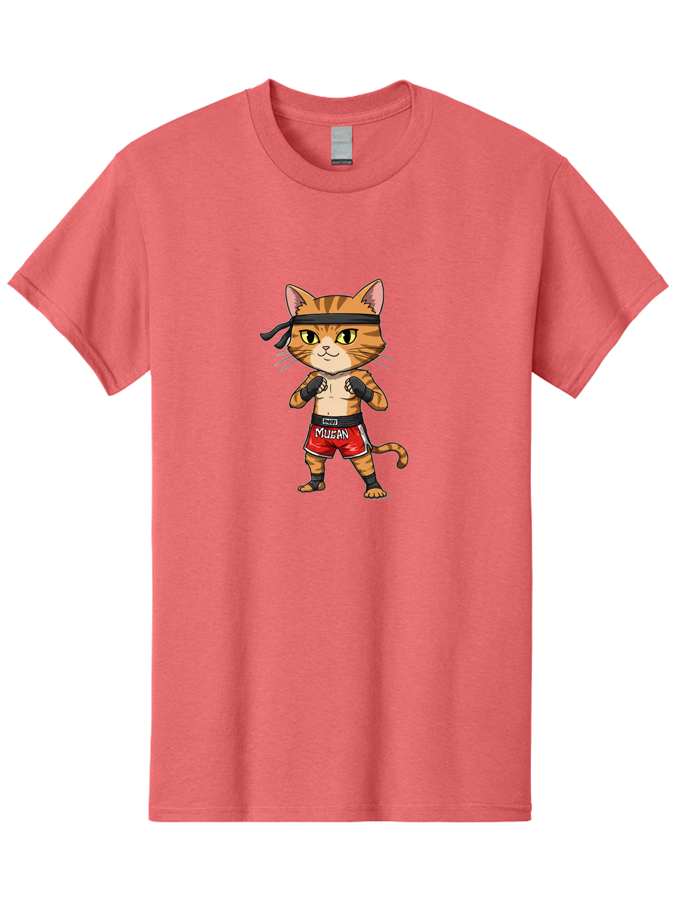 Muay-Thai-Cat-6 Men'S Graphic Tee, 100% Cotton, Comfortable Casual Summer Wear, Machine Washable, Cartoon Cat, Muay Thai Fighter, Red Shorts, Black Headband, Boxing Gloves, Combat Sports, Martial Arts, Cute Animal, Fighting Stance, Bae555 8