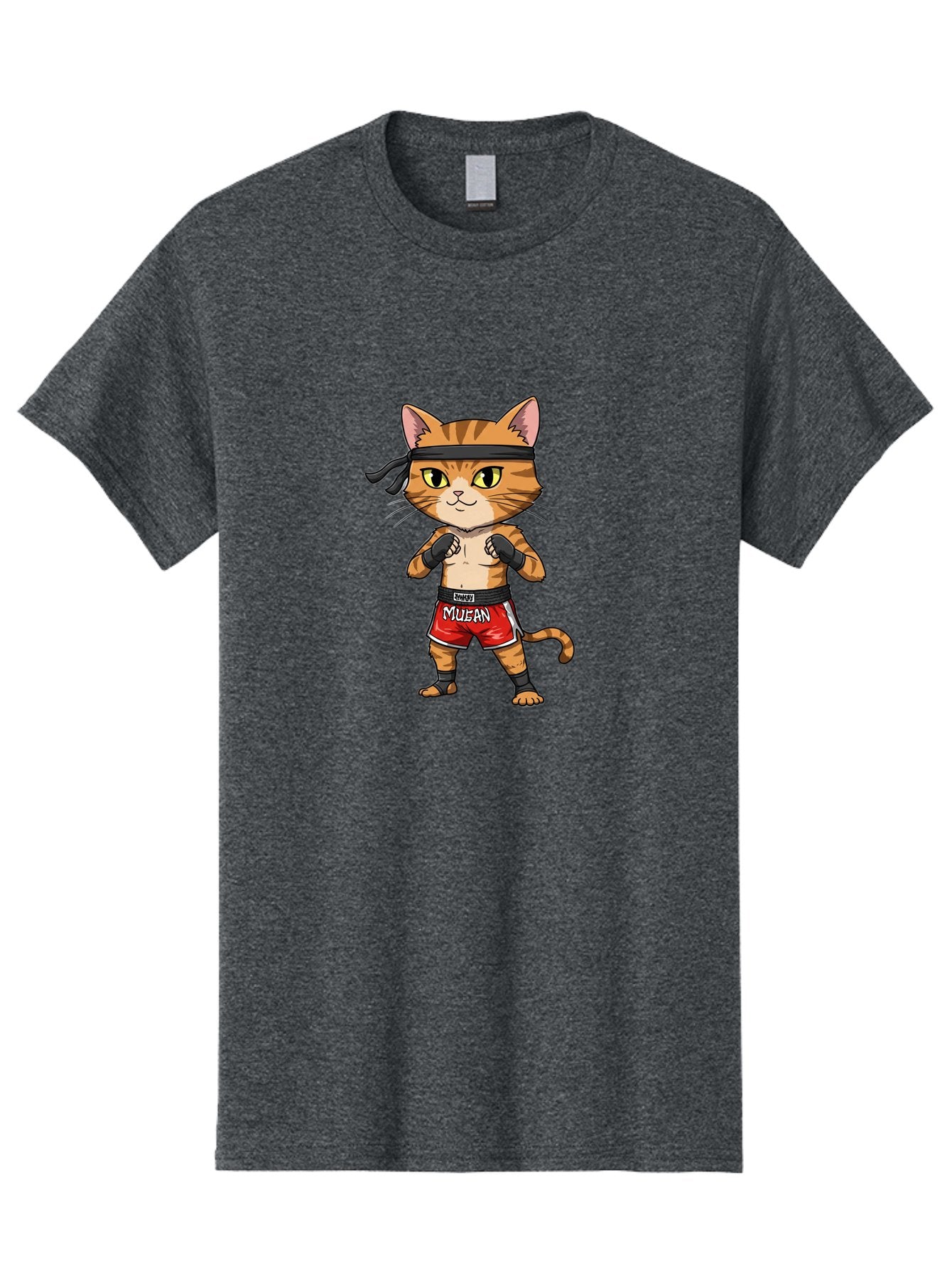 Muay-Thai-Cat-6 Men'S Graphic Tee, 100% Cotton, Comfortable Casual Summer Wear, Machine Washable, Cartoon Cat, Muay Thai Fighter, Red Shorts, Black Headband, Boxing Gloves, Combat Sports, Martial Arts, Cute Animal, Fighting Stance, Bae555 9