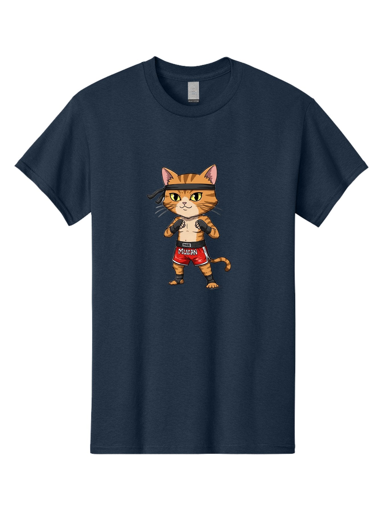 Muay-Thai-Cat-6 Men'S Graphic Tee, 100% Cotton, Comfortable Casual Summer Wear, Machine Washable, Cartoon Cat, Muay Thai Fighter, Red Shorts, Black Headband, Boxing Gloves, Combat Sports, Martial Arts, Cute Animal, Fighting Stance, Bae555 13