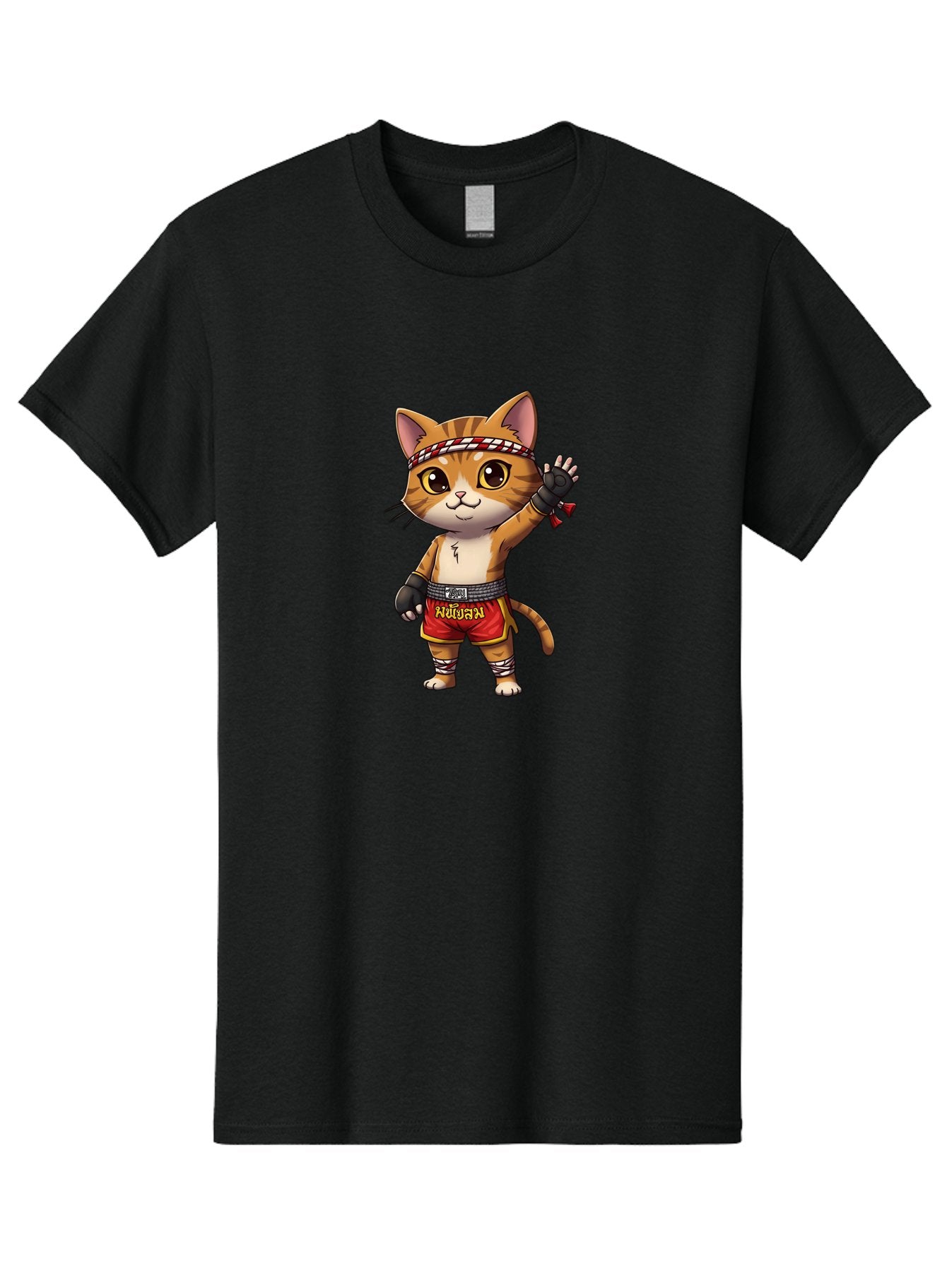 Muay-Thai-Cat-7 Men'S Graphic Tee, 100% Cotton, Comfortable Casual Summer Wear, Machine Washable, Cartoon Cat, Muay Thai Fighter, Martial Arts, Red Shorts, Black Gloves, Headband, Muay Thai, Fighting Cat, Kawaii, Anime Style, Bae556 4