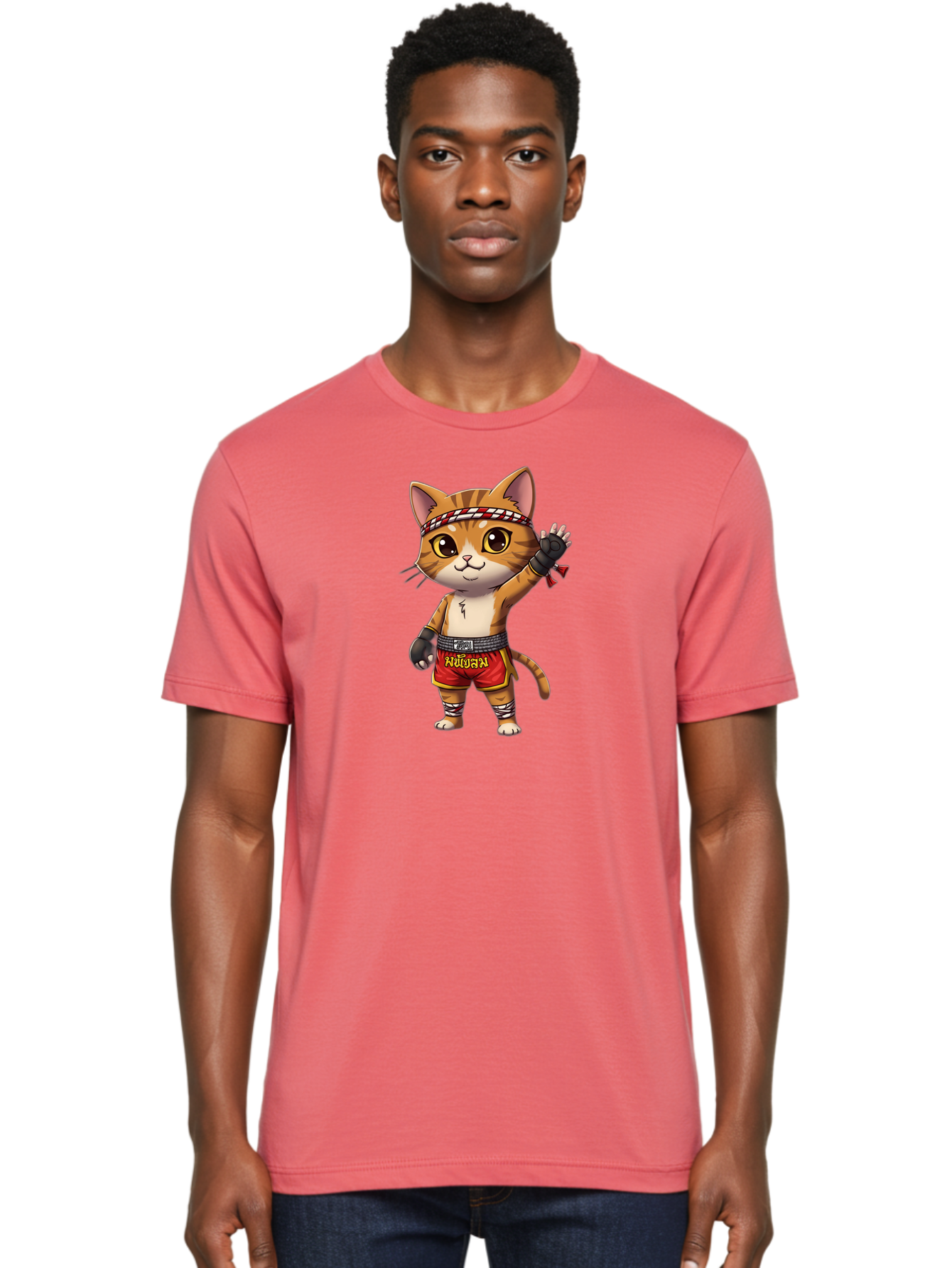 Muay-Thai-Cat-7 Men'S Graphic Tee, 100% Cotton, Comfortable Casual Summer Wear, Machine Washable, Cartoon Cat, Muay Thai Fighter, Martial Arts, Red Shorts, Black Gloves, Headband, Muay Thai, Fighting Cat, Kawaii, Anime Style, Bae556 30
