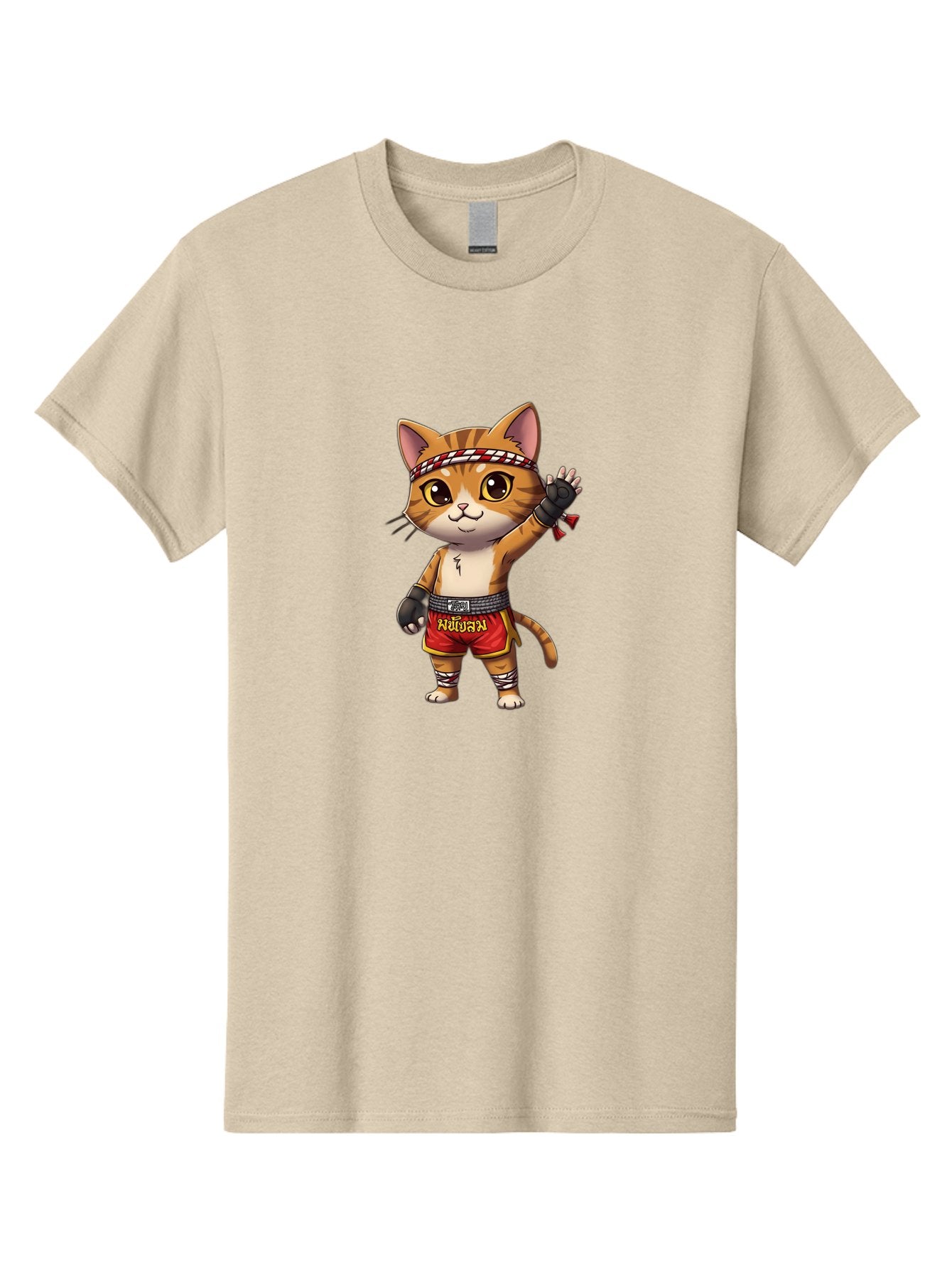 Muay-Thai-Cat-7 Men'S Graphic Tee, 100% Cotton, Comfortable Casual Summer Wear, Machine Washable, Cartoon Cat, Muay Thai Fighter, Martial Arts, Red Shorts, Black Gloves, Headband, Muay Thai, Fighting Cat, Kawaii, Anime Style, Bae556 7