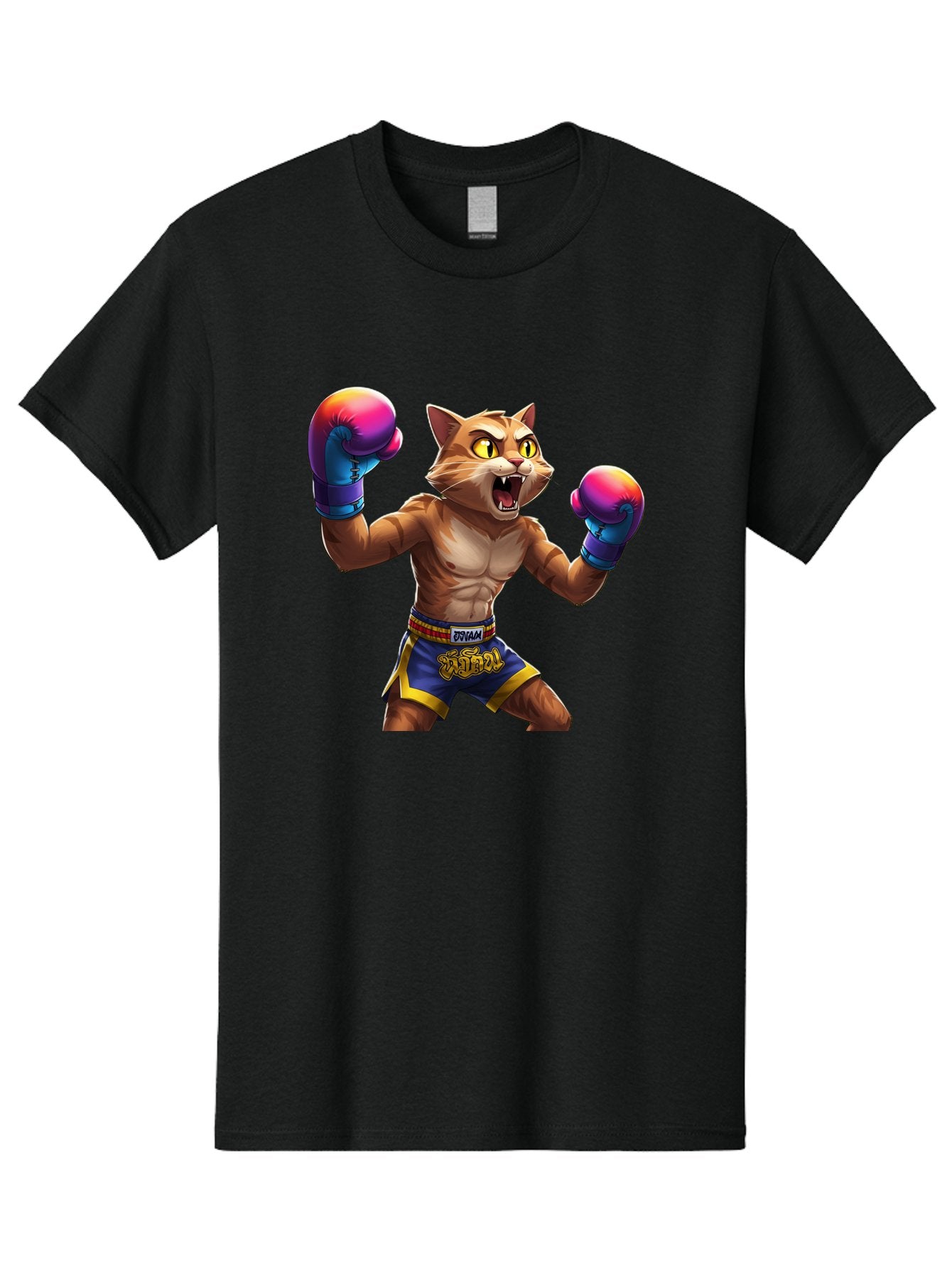 Muay-Thai-Cat-8 Men'S Graphic Tee, 100% Cotton, Comfortable Casual Summer Wear, Machine Washable, Cartoon Cat, Muay Thai Fighter, Boxing Gloves, Blue Shorts, Strong Muscles, Aggressive Stance, Fighting Pose, Cartoon Character, Muay Thai, Bae557 15