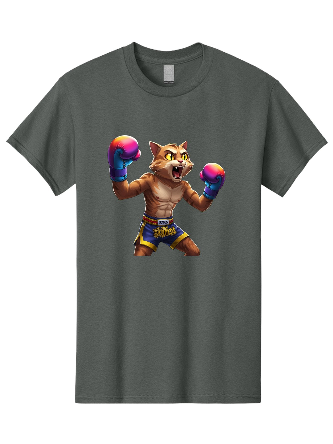 Muay-Thai-Cat-8 Men'S Graphic Tee, 100% Cotton, Comfortable Casual Summer Wear, Machine Washable, Cartoon Cat, Muay Thai Fighter, Boxing Gloves, Blue Shorts, Strong Muscles, Aggressive Stance, Fighting Pose, Cartoon Character, Muay Thai, Bae557