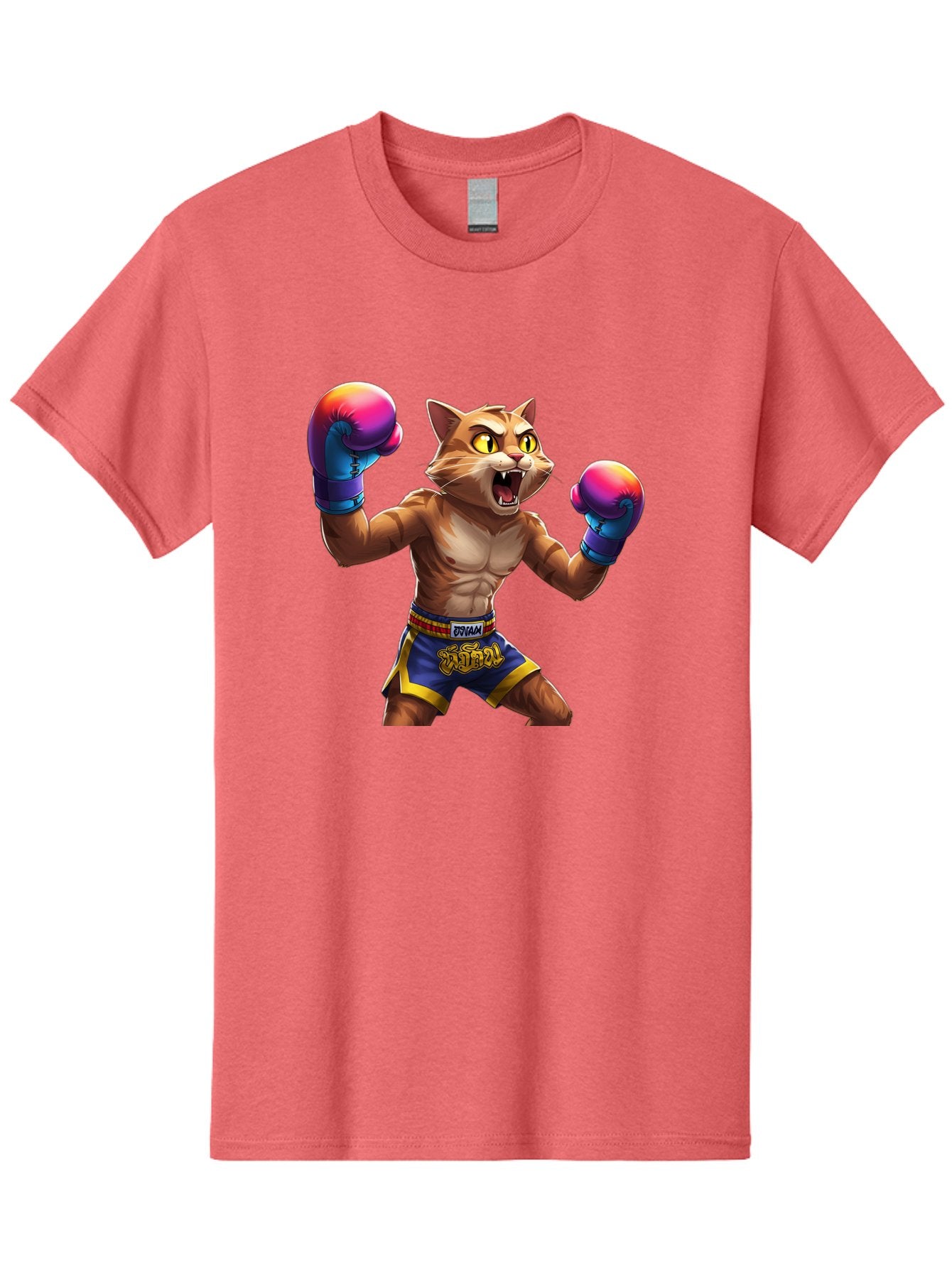 Muay-Thai-Cat-8 Men'S Graphic Tee, 100% Cotton, Comfortable Casual Summer Wear, Machine Washable, Cartoon Cat, Muay Thai Fighter, Boxing Gloves, Blue Shorts, Strong Muscles, Aggressive Stance, Fighting Pose, Cartoon Character, Muay Thai, Bae557 13