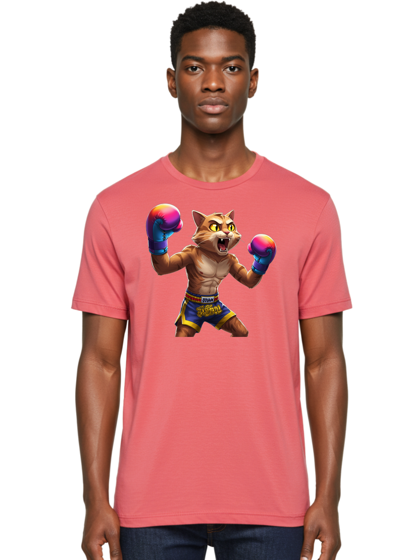 Muay-Thai-Cat-8 Men'S Graphic Tee, 100% Cotton, Comfortable Casual Summer Wear, Machine Washable, Cartoon Cat, Muay Thai Fighter, Boxing Gloves, Blue Shorts, Strong Muscles, Aggressive Stance, Fighting Pose, Cartoon Character, Muay Thai, Bae557 30