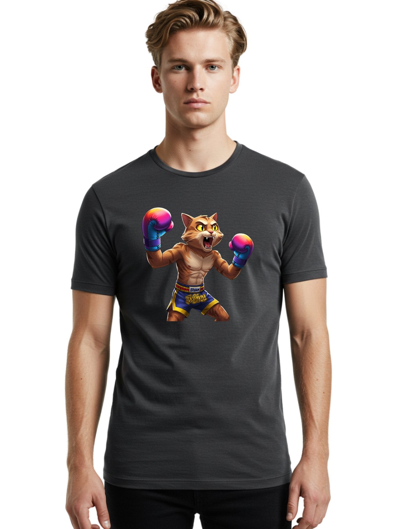 Muay-Thai-Cat-8 Men'S Graphic Tee, 100% Cotton, Comfortable Casual Summer Wear, Machine Washable, Cartoon Cat, Muay Thai Fighter, Boxing Gloves, Blue Shorts, Strong Muscles, Aggressive Stance, Fighting Pose, Cartoon Character, Muay Thai, Bae557 17