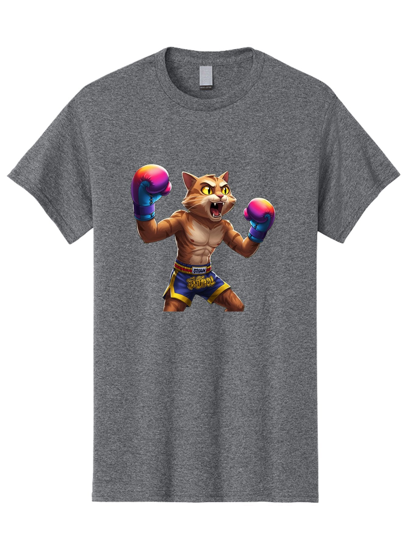 Muay-Thai-Cat-8 Men'S Graphic Tee, 100% Cotton, Comfortable Casual Summer Wear, Machine Washable, Cartoon Cat, Muay Thai Fighter, Boxing Gloves, Blue Shorts, Strong Muscles, Aggressive Stance, Fighting Pose, Cartoon Character, Muay Thai, Bae557 5