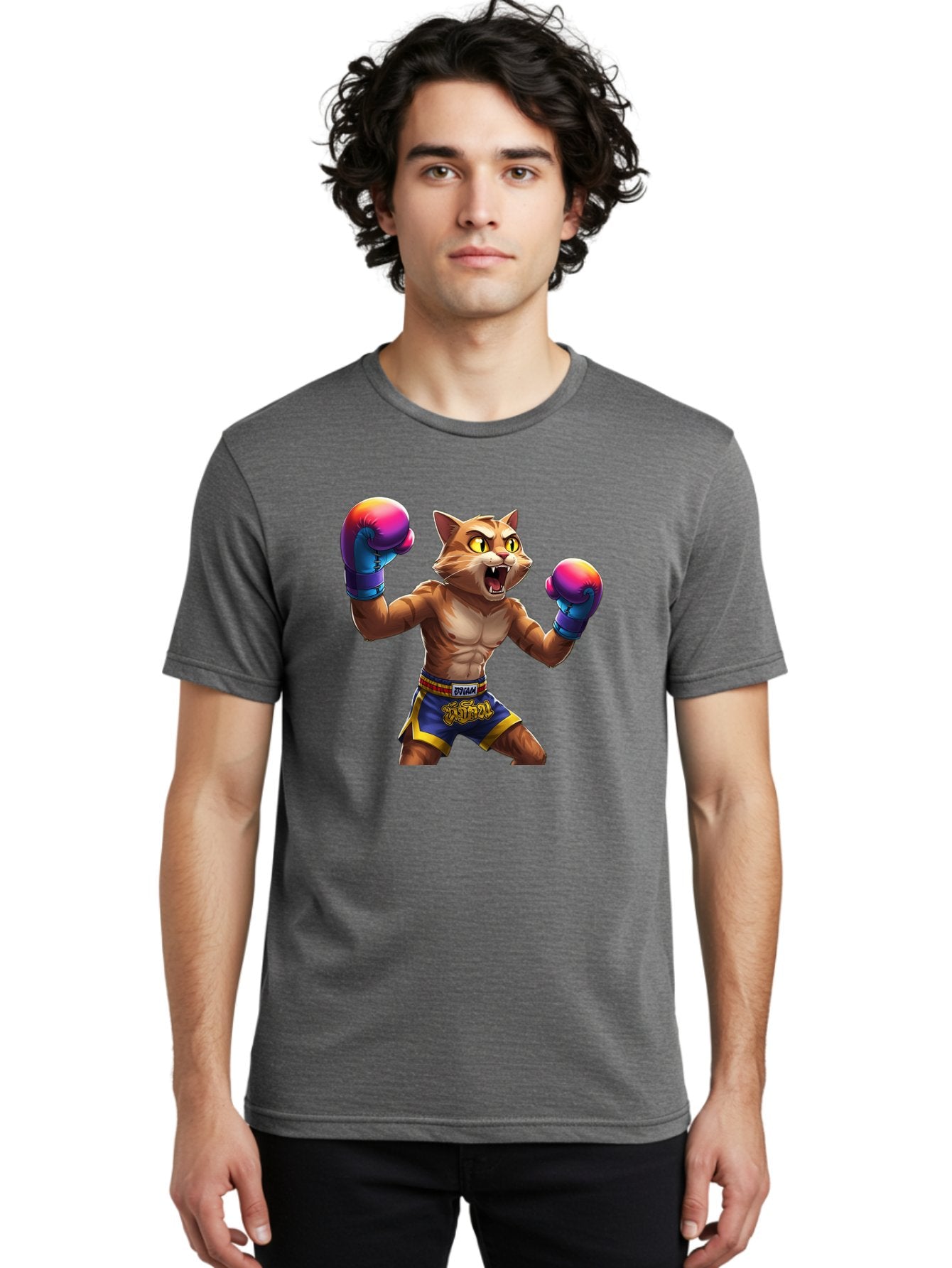 Muay-Thai-Cat-8 Men'S Graphic Tee, 100% Cotton, Comfortable Casual Summer Wear, Machine Washable, Cartoon Cat, Muay Thai Fighter, Boxing Gloves, Blue Shorts, Strong Muscles, Aggressive Stance, Fighting Pose, Cartoon Character, Muay Thai, Bae557 23