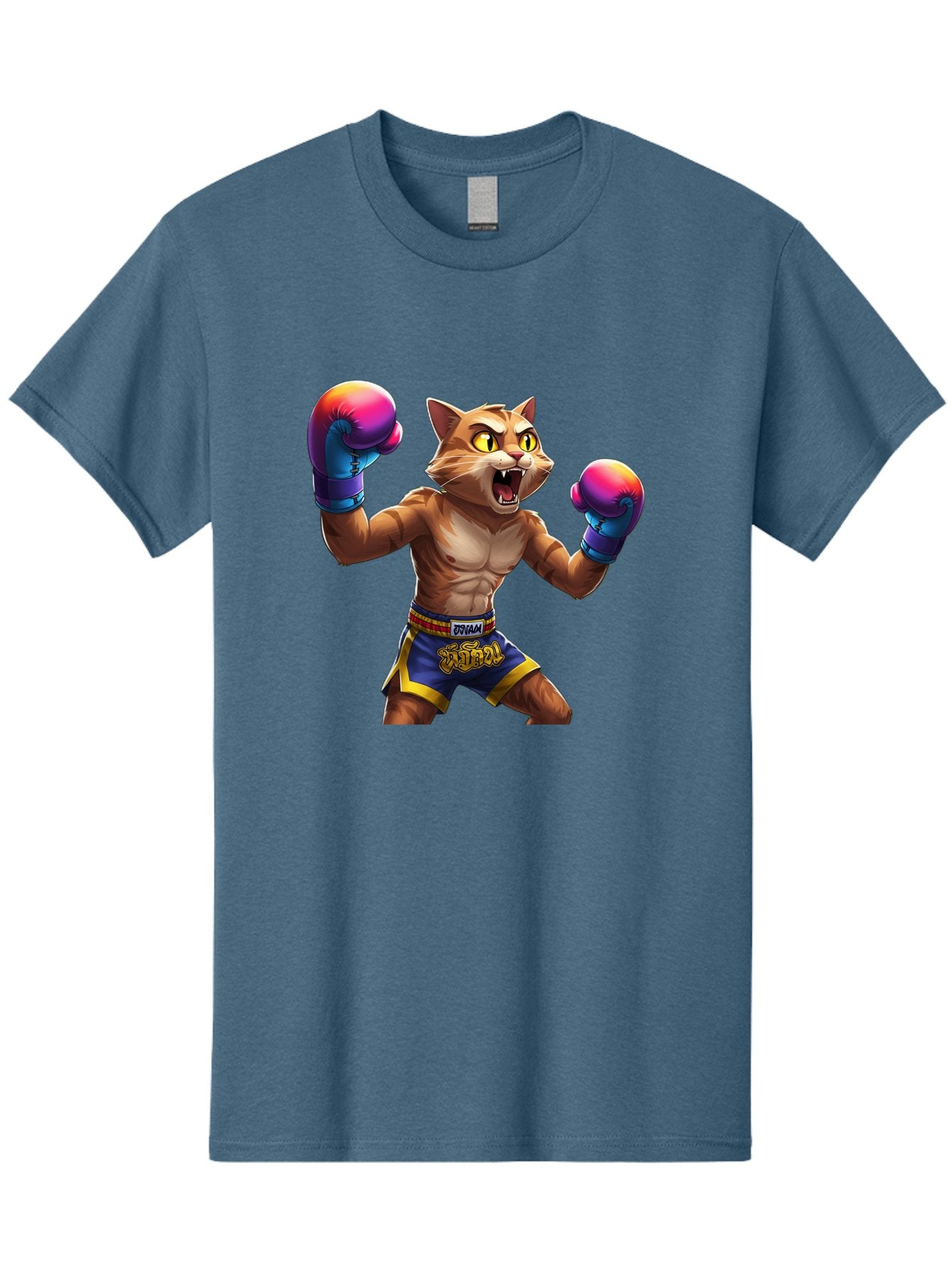 Muay-Thai-Cat-8 Men'S Graphic Tee, 100% Cotton, Comfortable Casual Summer Wear, Machine Washable, Cartoon Cat, Muay Thai Fighter, Boxing Gloves, Blue Shorts, Strong Muscles, Aggressive Stance, Fighting Pose, Cartoon Character, Muay Thai, Bae557 12