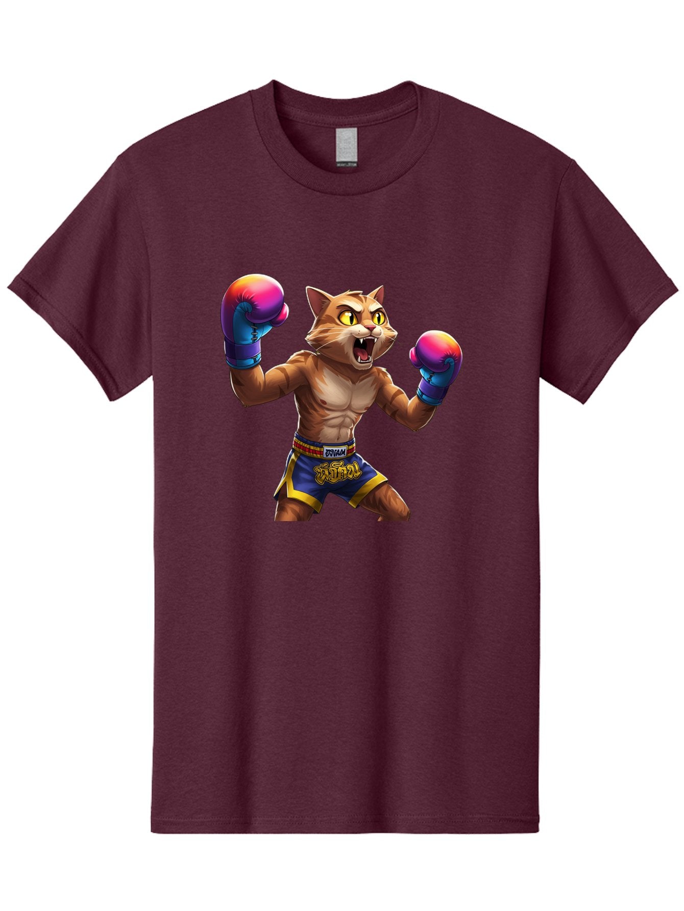 Muay-Thai-Cat-8 Men'S Graphic Tee, 100% Cotton, Comfortable Casual Summer Wear, Machine Washable, Cartoon Cat, Muay Thai Fighter, Boxing Gloves, Blue Shorts, Strong Muscles, Aggressive Stance, Fighting Pose, Cartoon Character, Muay Thai, Bae557 3
