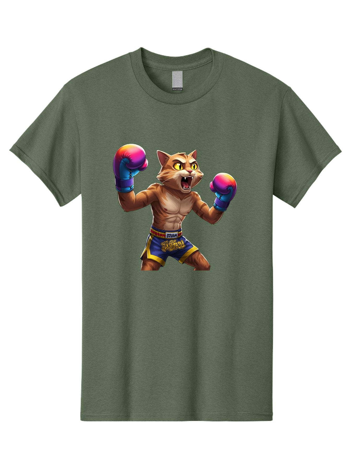 Muay-Thai-Cat-8 Men'S Graphic Tee, 100% Cotton, Comfortable Casual Summer Wear, Machine Washable, Cartoon Cat, Muay Thai Fighter, Boxing Gloves, Blue Shorts, Strong Muscles, Aggressive Stance, Fighting Pose, Cartoon Character, Muay Thai, Bae557 7