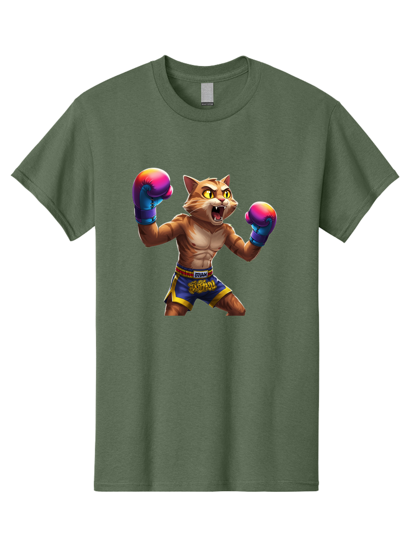 Muay-Thai-Cat-8 Men'S Graphic Tee, 100% Cotton, Comfortable Casual Summer Wear, Machine Washable, Cartoon Cat, Muay Thai Fighter, Boxing Gloves, Blue Shorts, Strong Muscles, Aggressive Stance, Fighting Pose, Cartoon Character, Muay Thai, Bae557 13