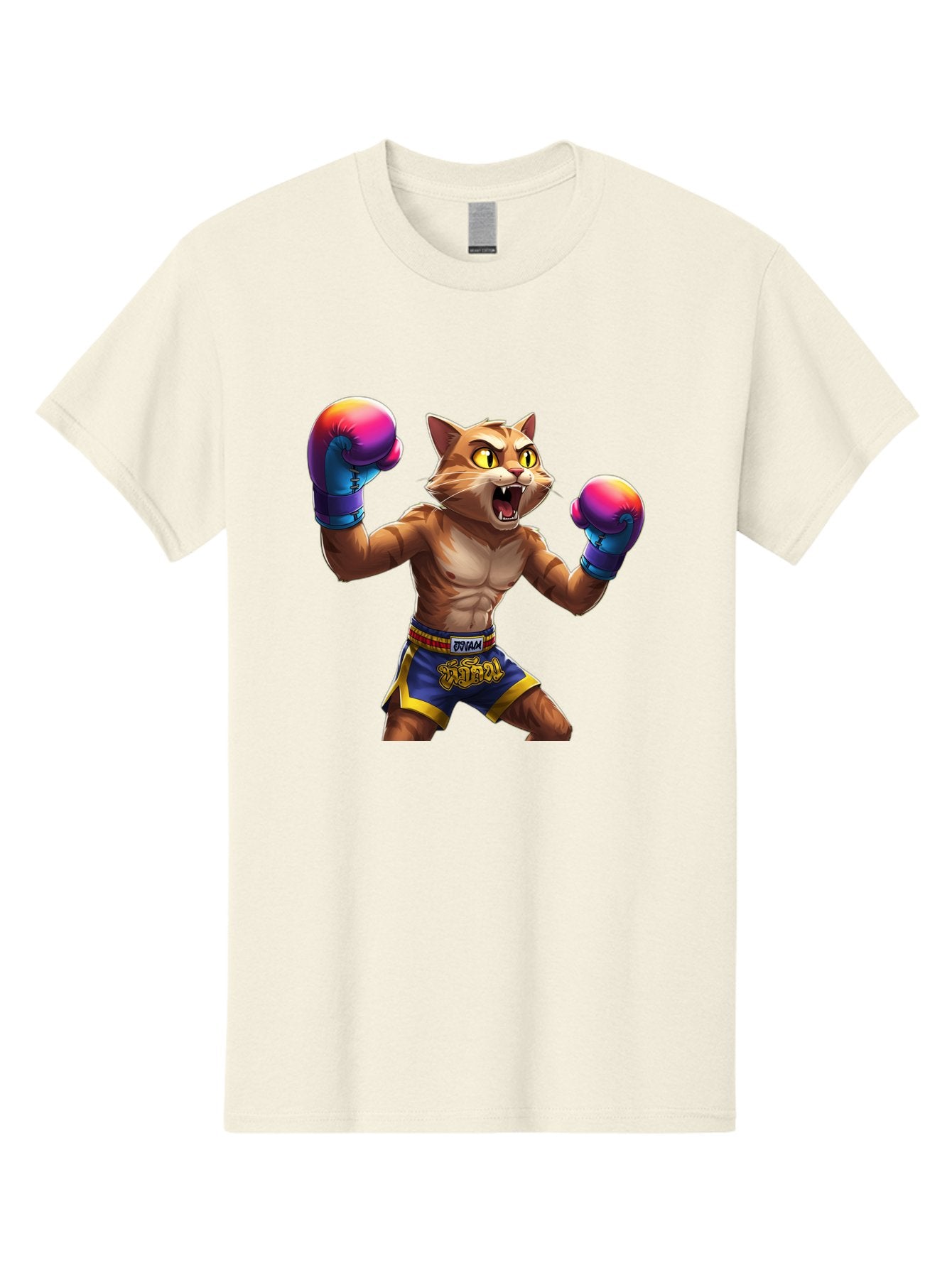 Muay-Thai-Cat-8 Men'S Graphic Tee, 100% Cotton, Comfortable Casual Summer Wear, Machine Washable, Cartoon Cat, Muay Thai Fighter, Boxing Gloves, Blue Shorts, Strong Muscles, Aggressive Stance, Fighting Pose, Cartoon Character, Muay Thai, Bae557