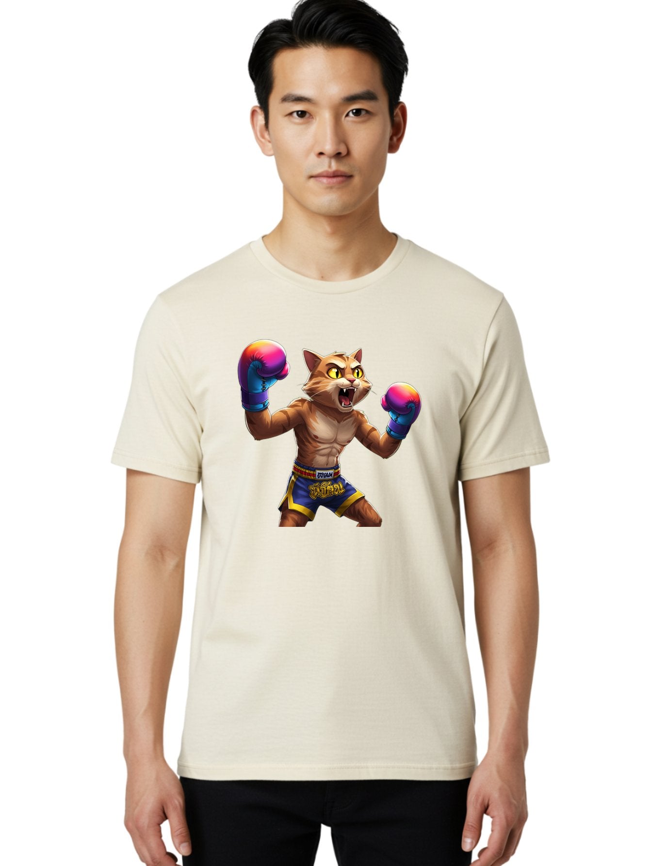 Muay-Thai-Cat-8 Men'S Graphic Tee, 100% Cotton, Comfortable Casual Summer Wear, Machine Washable, Cartoon Cat, Muay Thai Fighter, Boxing Gloves, Blue Shorts, Strong Muscles, Aggressive Stance, Fighting Pose, Cartoon Character, Muay Thai, Bae557 19