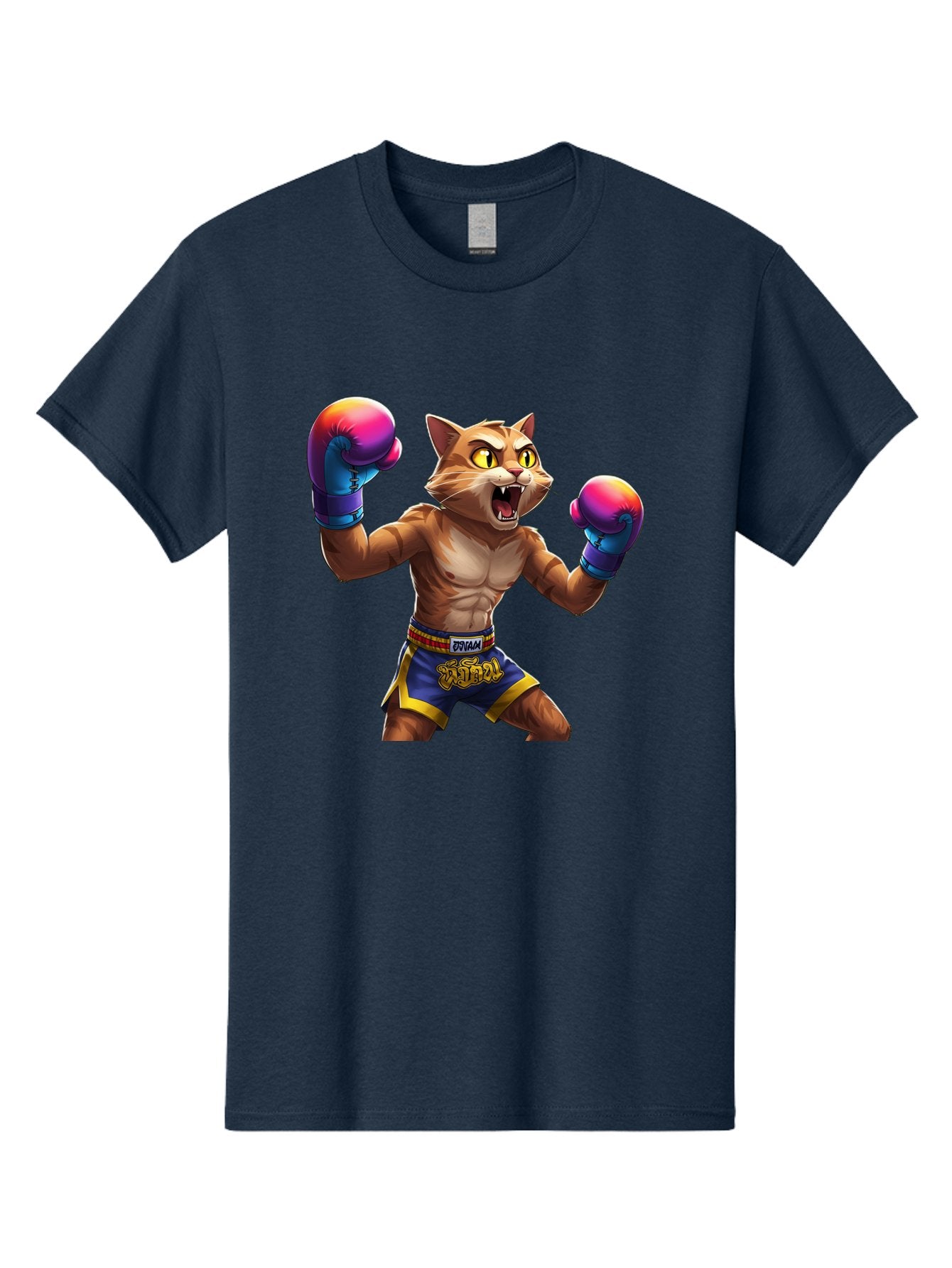 Muay-Thai-Cat-8 Men'S Graphic Tee, 100% Cotton, Comfortable Casual Summer Wear, Machine Washable, Cartoon Cat, Muay Thai Fighter, Boxing Gloves, Blue Shorts, Strong Muscles, Aggressive Stance, Fighting Pose, Cartoon Character, Muay Thai, Bae557 14