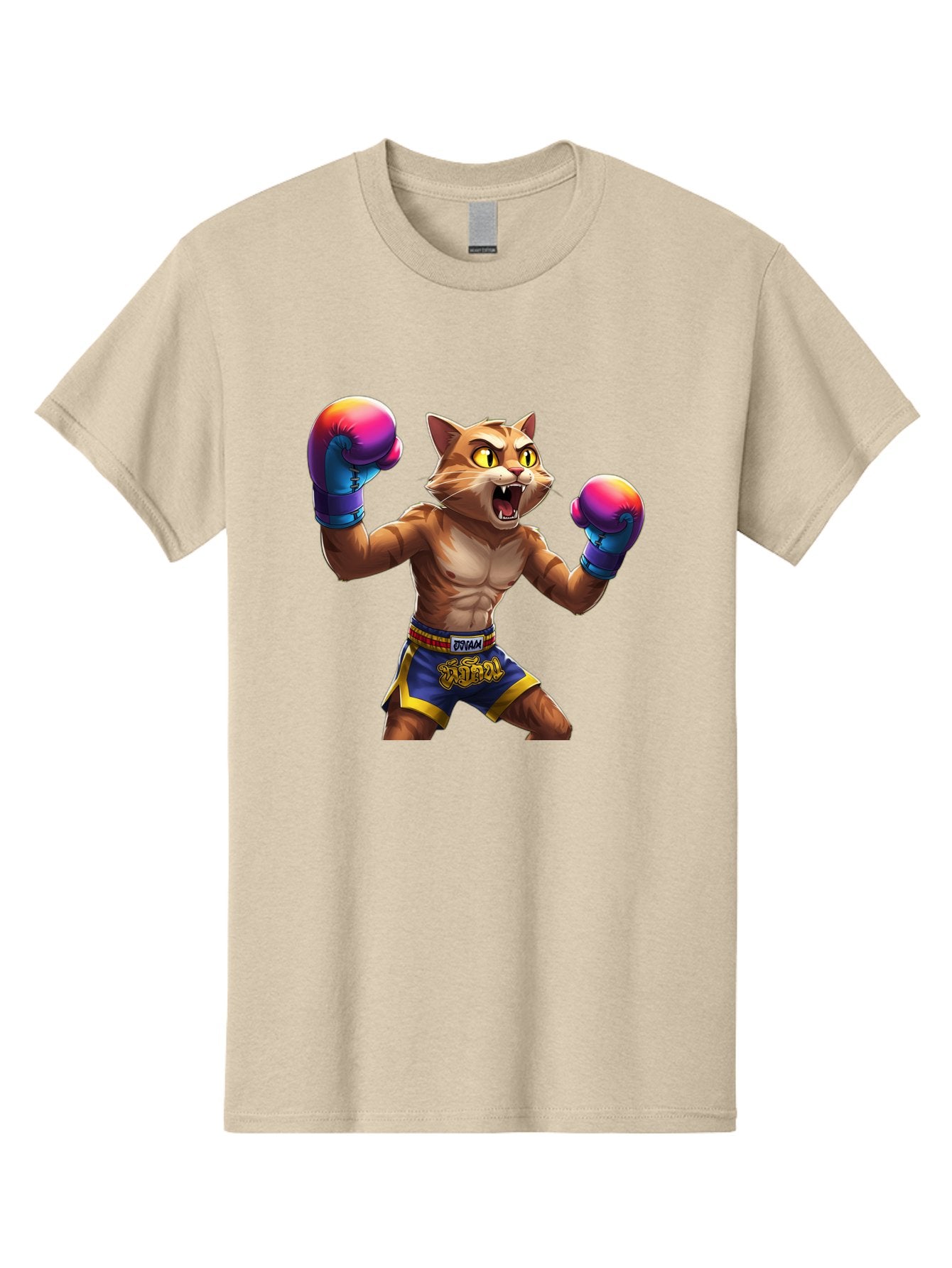 Muay-Thai-Cat-8 Men'S Graphic Tee, 100% Cotton, Comfortable Casual Summer Wear, Machine Washable, Cartoon Cat, Muay Thai Fighter, Boxing Gloves, Blue Shorts, Strong Muscles, Aggressive Stance, Fighting Pose, Cartoon Character, Muay Thai, Bae557 4