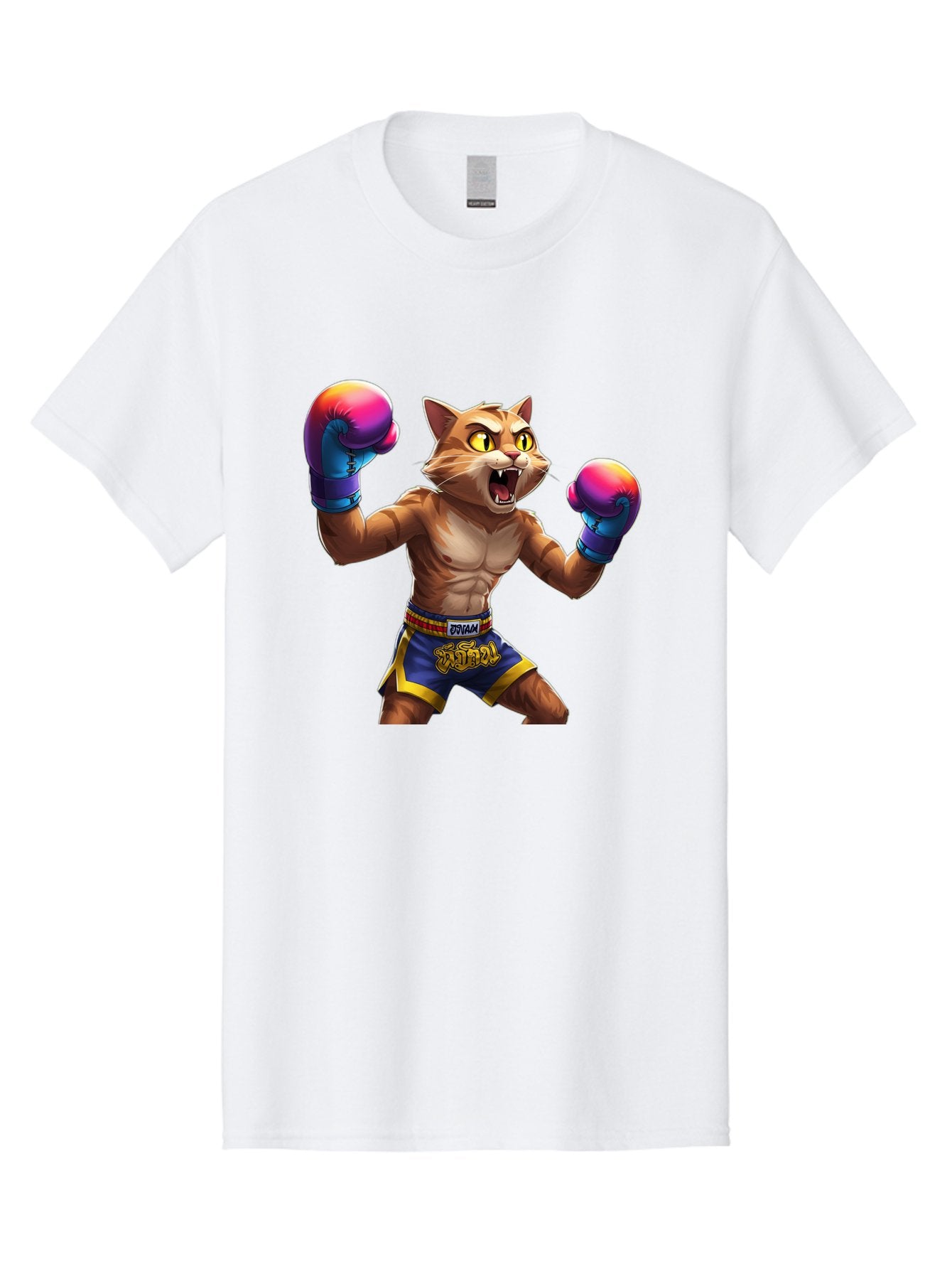 Muay-Thai-Cat-8 Men'S Graphic Tee, 100% Cotton, Comfortable Casual Summer Wear, Machine Washable, Cartoon Cat, Muay Thai Fighter, Boxing Gloves, Blue Shorts, Strong Muscles, Aggressive Stance, Fighting Pose, Cartoon Character, Muay Thai, Bae557 8