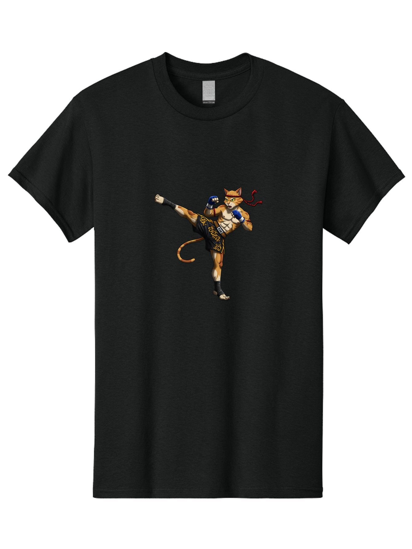 Muay-Thai-Cat-9 Men'S Graphic Tee, 100% Cotton, Comfortable Casual Summer Wear, Machine Washable, Anthropomorphic Cat, Muay Thai Fighter, Kicking Pose, Martial Arts, Combat Sports, Cat Character, Fighting Stance, Cartoon Style, Bae558 15
