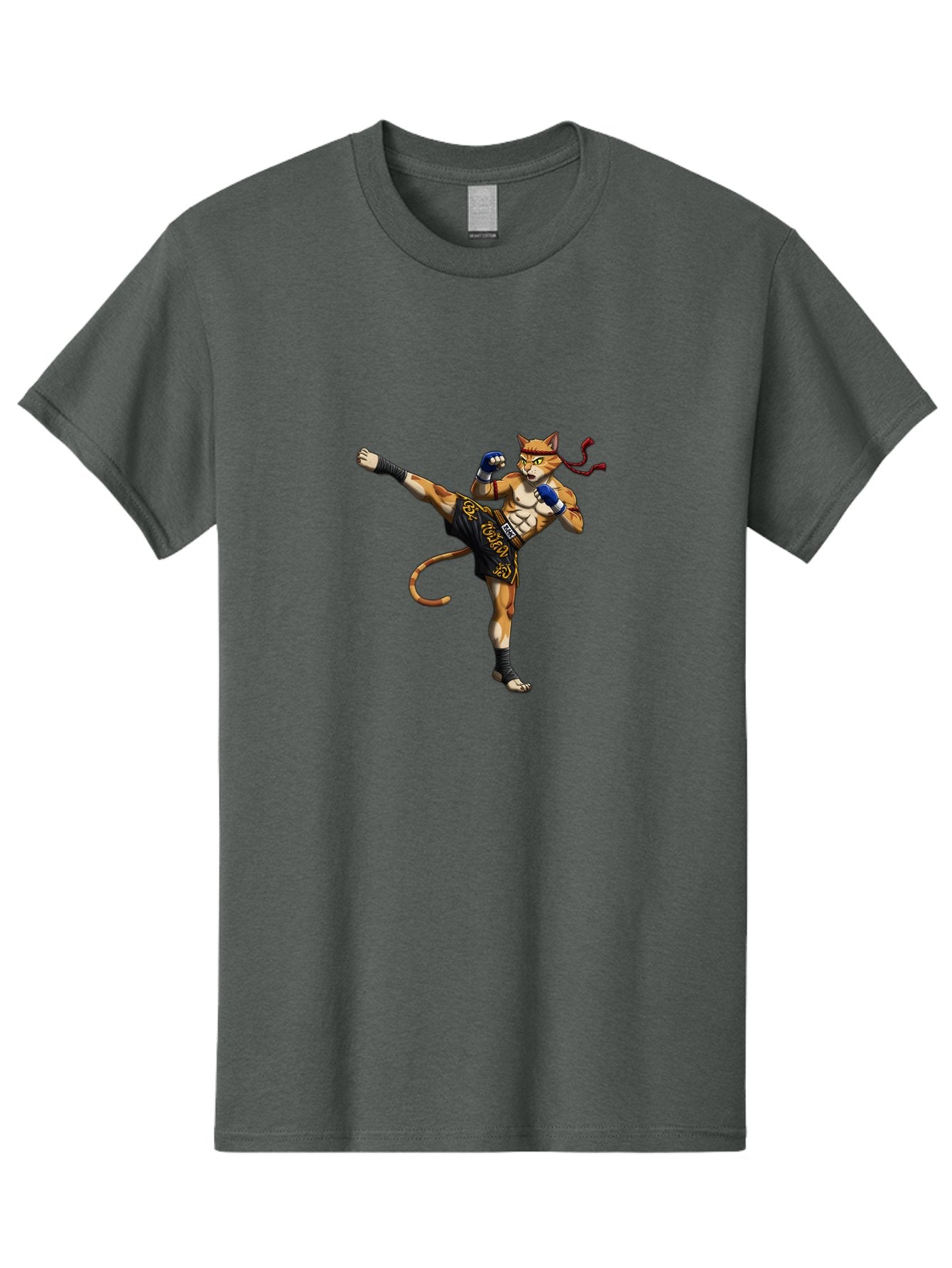 Muay-Thai-Cat-9 Men'S Graphic Tee, 100% Cotton, Comfortable Casual Summer Wear, Machine Washable, Anthropomorphic Cat, Muay Thai Fighter, Kicking Pose, Martial Arts, Combat Sports, Cat Character, Fighting Stance, Cartoon Style, Bae558