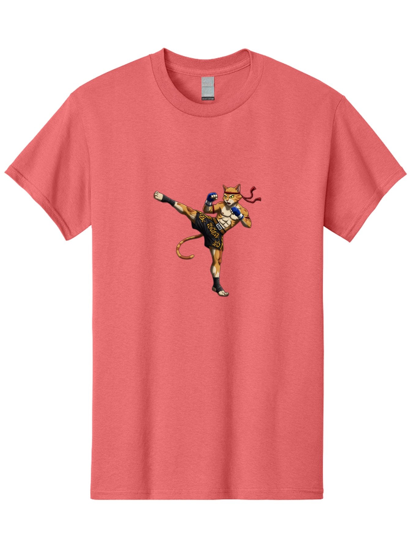 Muay-Thai-Cat-9 Men'S Graphic Tee, 100% Cotton, Comfortable Casual Summer Wear, Machine Washable, Anthropomorphic Cat, Muay Thai Fighter, Kicking Pose, Martial Arts, Combat Sports, Cat Character, Fighting Stance, Cartoon Style, Bae558 12