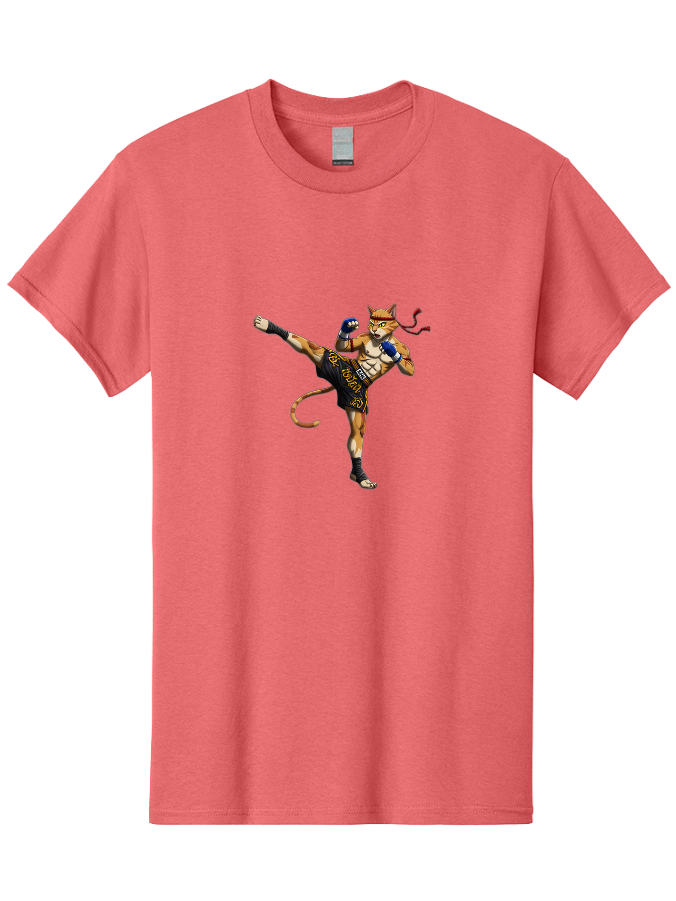 Muay-Thai-Cat-9 Men'S Graphic Tee, 100% Cotton, Comfortable Casual Summer Wear, Machine Washable, Anthropomorphic Cat, Muay Thai Fighter, Kicking Pose, Martial Arts, Combat Sports, Cat Character, Fighting Stance, Cartoon Style, Bae558 3