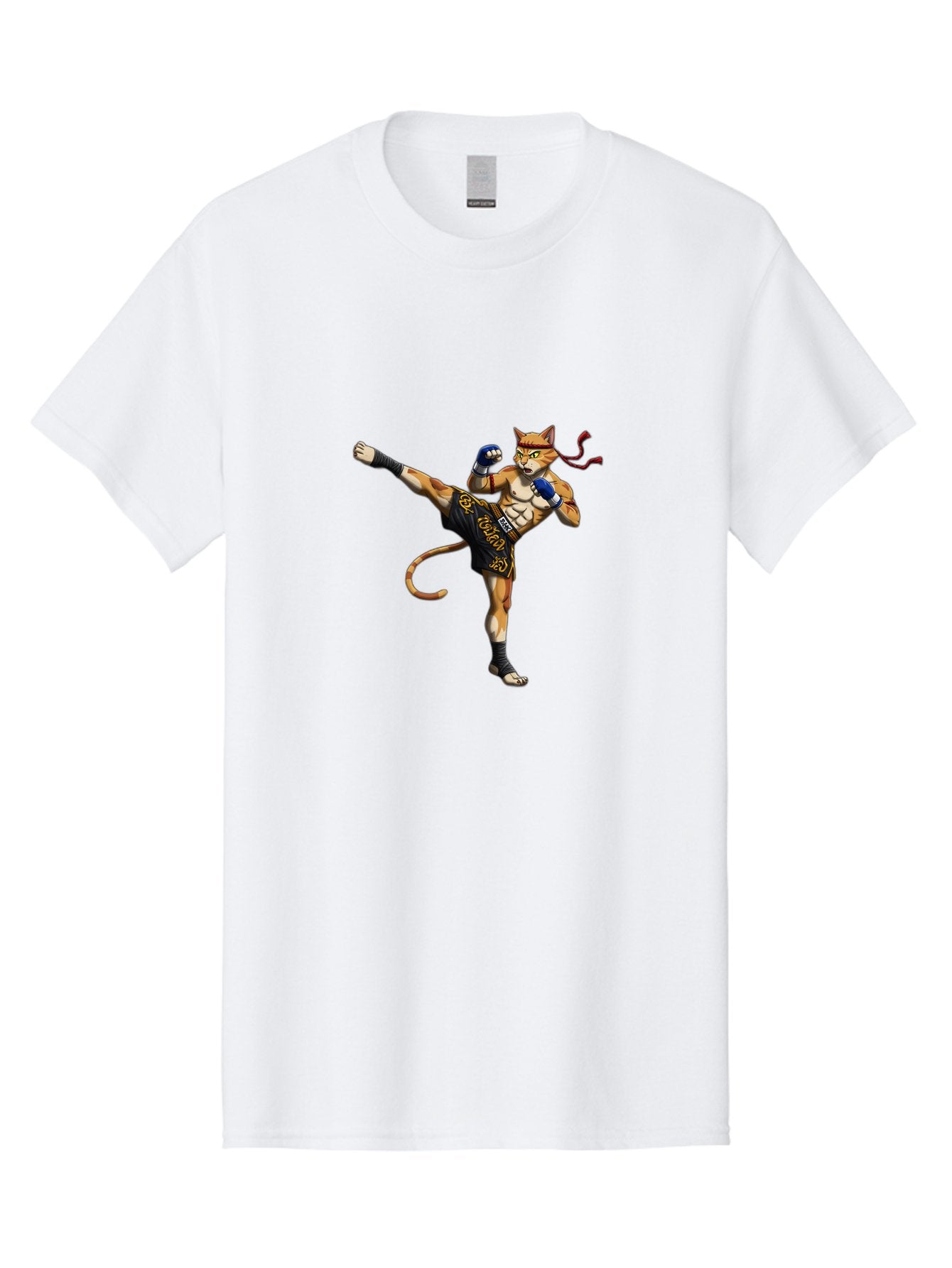 Muay-Thai-Cat-9 Men'S Graphic Tee, 100% Cotton, Comfortable Casual Summer Wear, Machine Washable, Anthropomorphic Cat, Muay Thai Fighter, Kicking Pose, Martial Arts, Combat Sports, Cat Character, Fighting Stance, Cartoon Style, Bae558 13