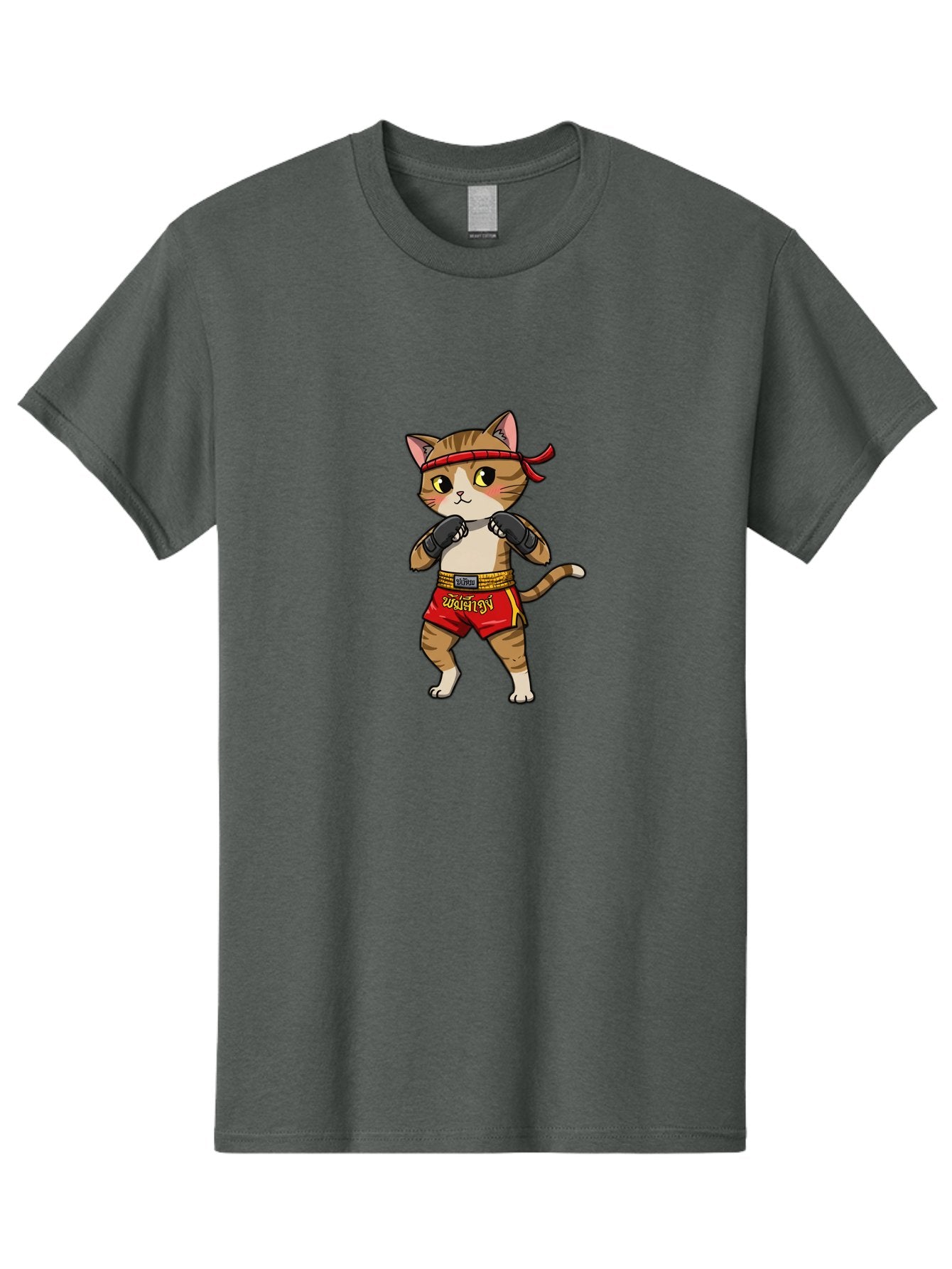 Muay-Thai-Cat Men'S Graphic Tee, 100% Cotton, Comfortable Casual Summer Wear, Machine Washable, Cartoon Cat, Muay Thai Fighter, Martial Arts, Boxing Gloves, Red Shorts, Yellow Accents, Fighting Stance, Adorable Illustration, Kawaii, Cute Cat, Bae559 3