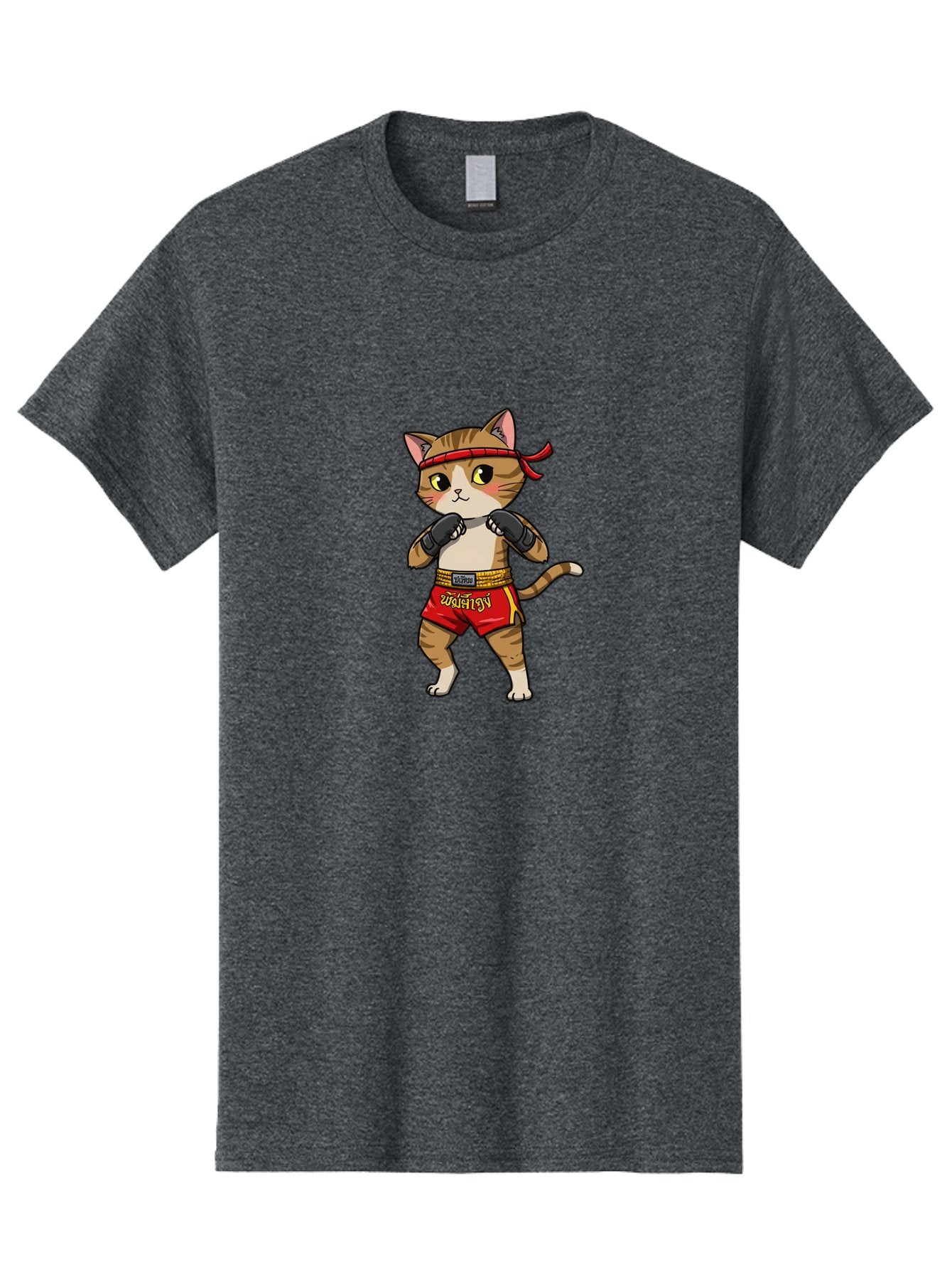 Muay-Thai-Cat Men'S Graphic Tee, 100% Cotton, Comfortable Casual Summer Wear, Machine Washable, Cartoon Cat, Muay Thai Fighter, Martial Arts, Boxing Gloves, Red Shorts, Yellow Accents, Fighting Stance, Adorable Illustration, Kawaii, Cute Cat, Bae559 11