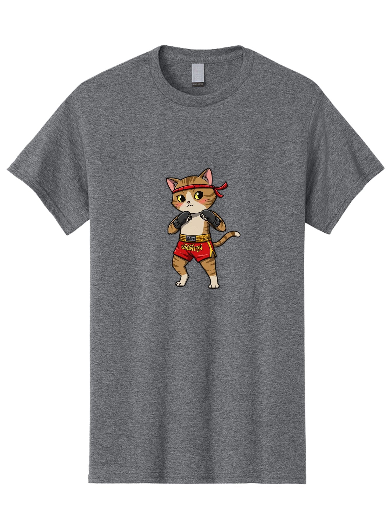 Muay-Thai-Cat Men'S Graphic Tee, 100% Cotton, Comfortable Casual Summer Wear, Machine Washable, Cartoon Cat, Muay Thai Fighter, Martial Arts, Boxing Gloves, Red Shorts, Yellow Accents, Fighting Stance, Adorable Illustration, Kawaii, Cute Cat, Bae559