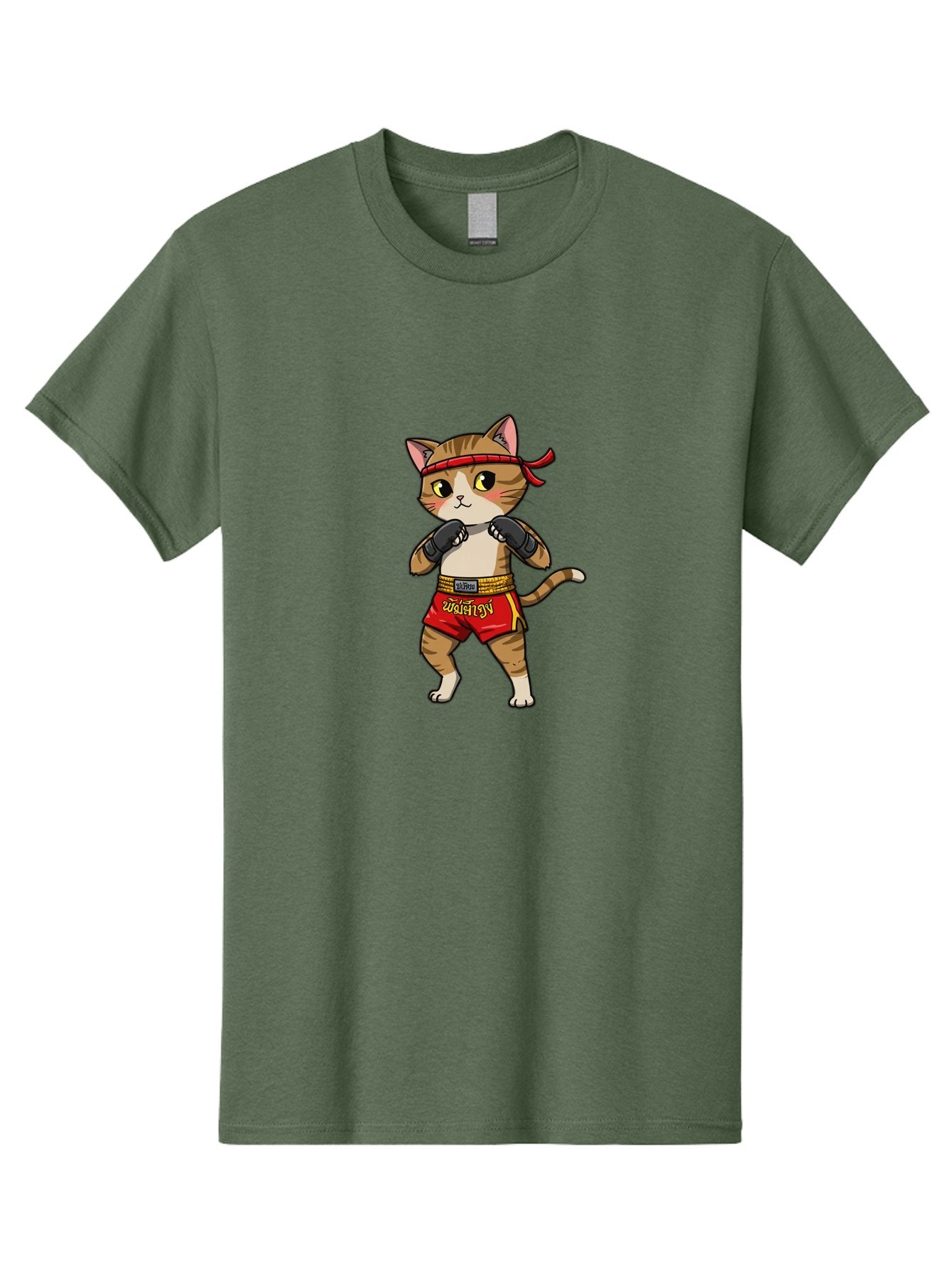 Muay-Thai-Cat Men'S Graphic Tee, 100% Cotton, Comfortable Casual Summer Wear, Machine Washable, Cartoon Cat, Muay Thai Fighter, Martial Arts, Boxing Gloves, Red Shorts, Yellow Accents, Fighting Stance, Adorable Illustration, Kawaii, Cute Cat, Bae559 14