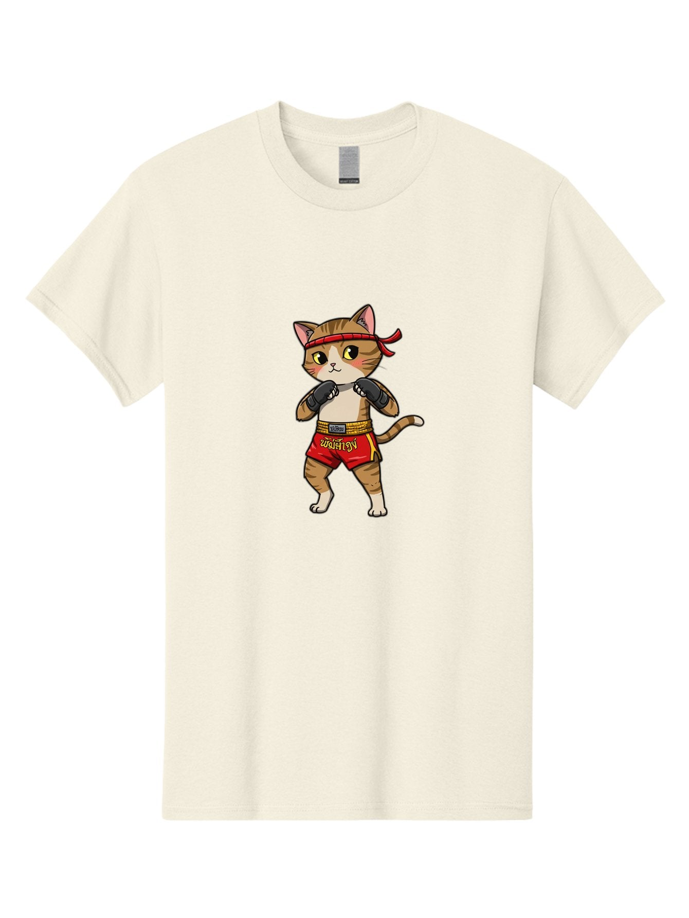 Muay-Thai-Cat Men'S Graphic Tee, 100% Cotton, Comfortable Casual Summer Wear, Machine Washable, Cartoon Cat, Muay Thai Fighter, Martial Arts, Boxing Gloves, Red Shorts, Yellow Accents, Fighting Stance, Adorable Illustration, Kawaii, Cute Cat, Bae559
