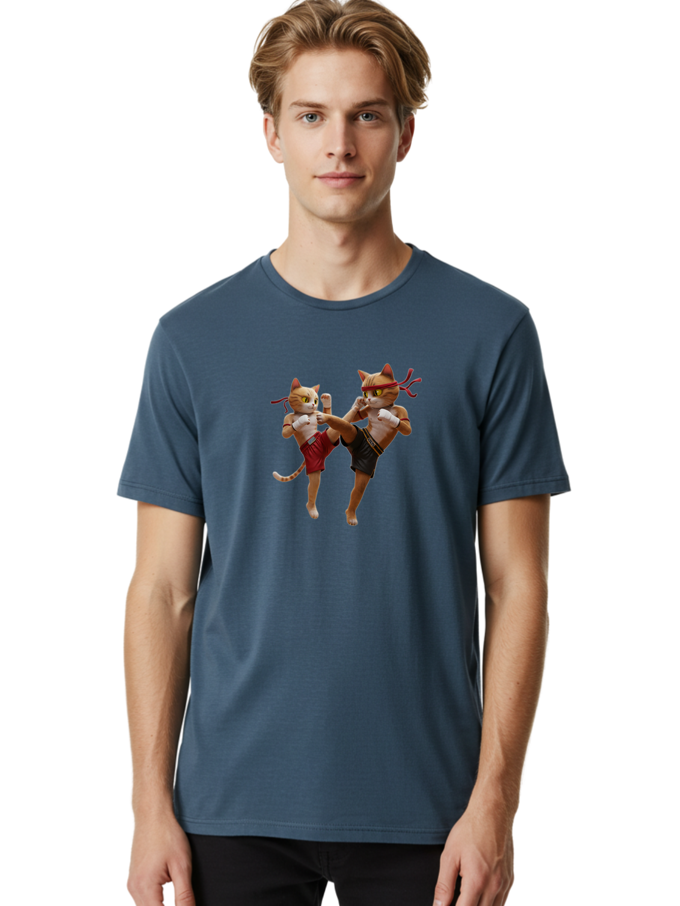 Muay-Thai-Cats Men'S Graphic Tee, 100% Cotton, Comfortable Casual Summer Wear, Machine Washable, Cartoon Cats Fighting, Martial Arts, Muay Thai, Boxing Cats, Anthropomorphic Cats, Action Pose, Dynamic Scene, Funny Cats, Cat Fight, Bae560 17