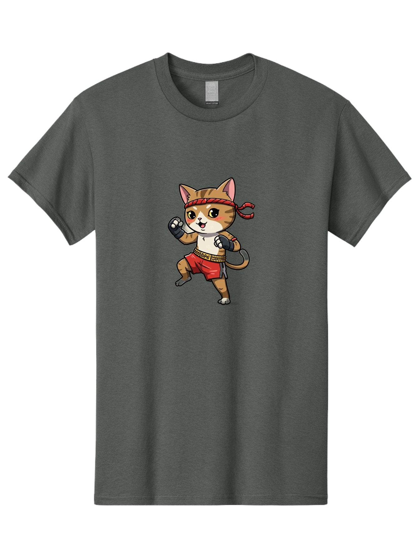 Muay-Thai-Kitten Men'S Graphic Tee, 100% Cotton, Comfortable Casual Summer Wear, Machine Washable, Cartoon Cat, Muay Thai Fighter, Martial Arts, Fighting Stance, Red Headband, Red Boxing Shorts, Black Gloves, Cute Expression, Bae562 12