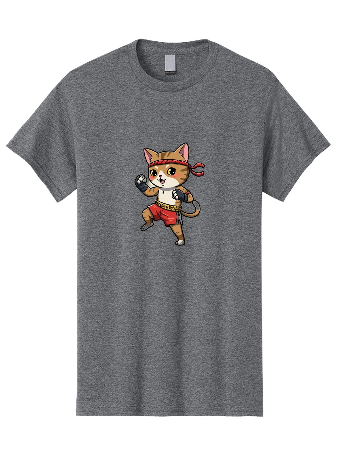 Muay-Thai-Kitten Men'S Graphic Tee, 100% Cotton, Comfortable Casual Summer Wear, Machine Washable, Cartoon Cat, Muay Thai Fighter, Martial Arts, Fighting Stance, Red Headband, Red Boxing Shorts, Black Gloves, Cute Expression, Bae562 15