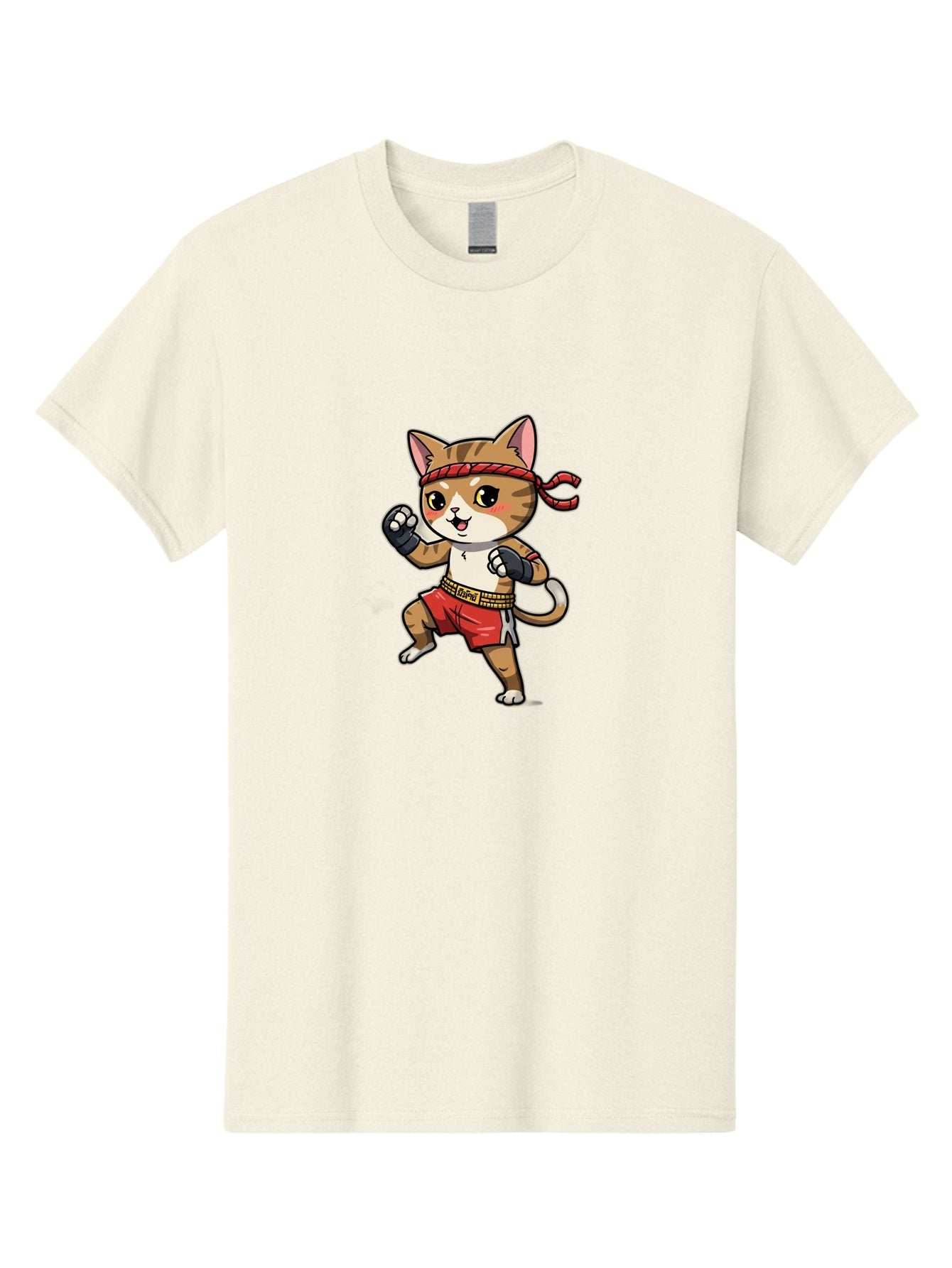Muay-Thai-Kitten Men'S Graphic Tee, 100% Cotton, Comfortable Casual Summer Wear, Machine Washable, Cartoon Cat, Muay Thai Fighter, Martial Arts, Fighting Stance, Red Headband, Red Boxing Shorts, Black Gloves, Cute Expression, Bae562 3